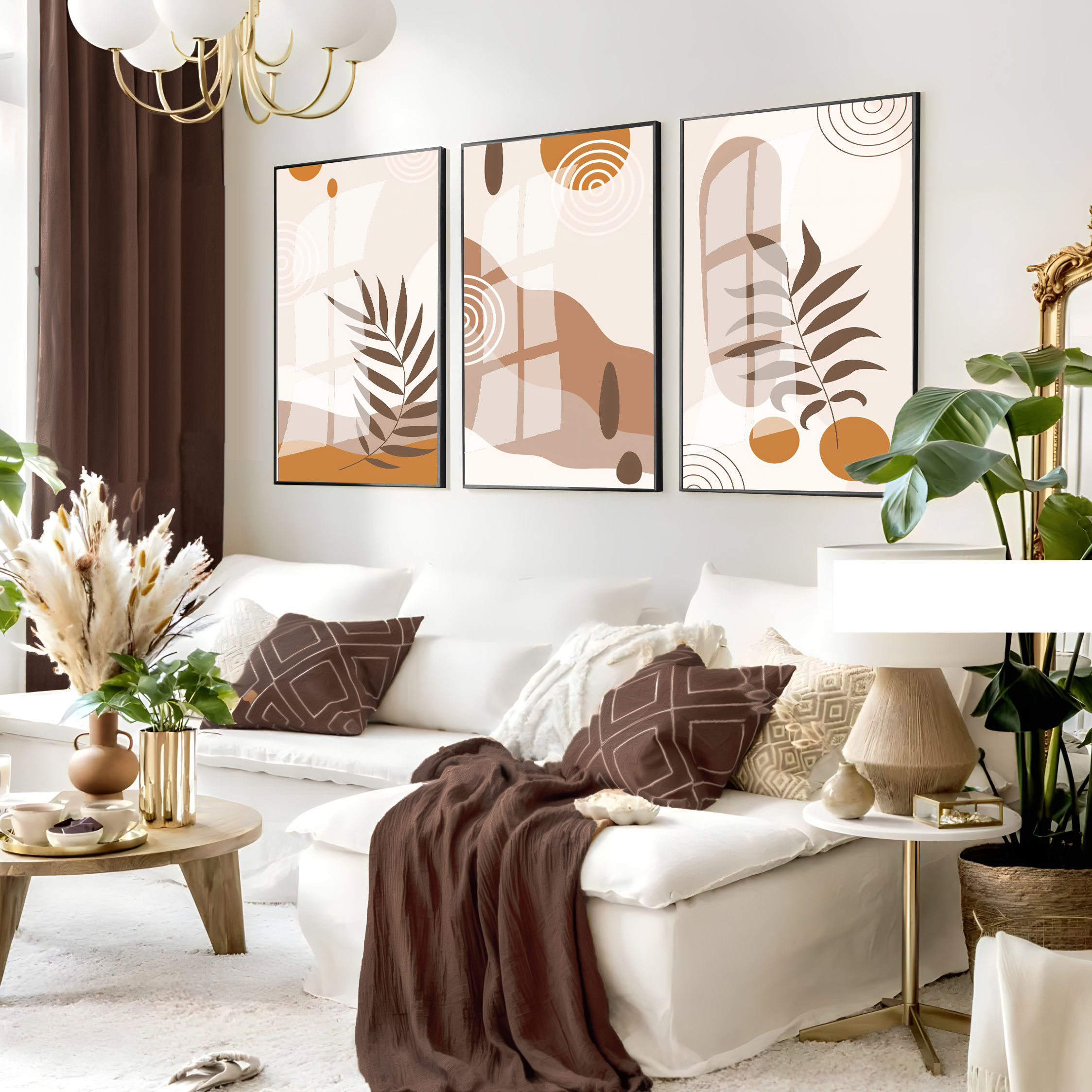 KAHVE TONLAR BİTKİLİ BOHEM SETİ | 3LÜ DİKEY CAM TABLO