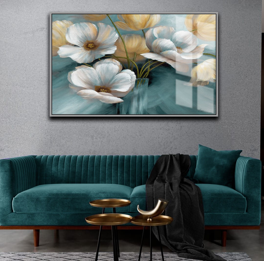 TURKUAZ-SARI-BEYAZ ÇİÇEK KOMBİNİ | TEKLİ YATAY CAM TABLO