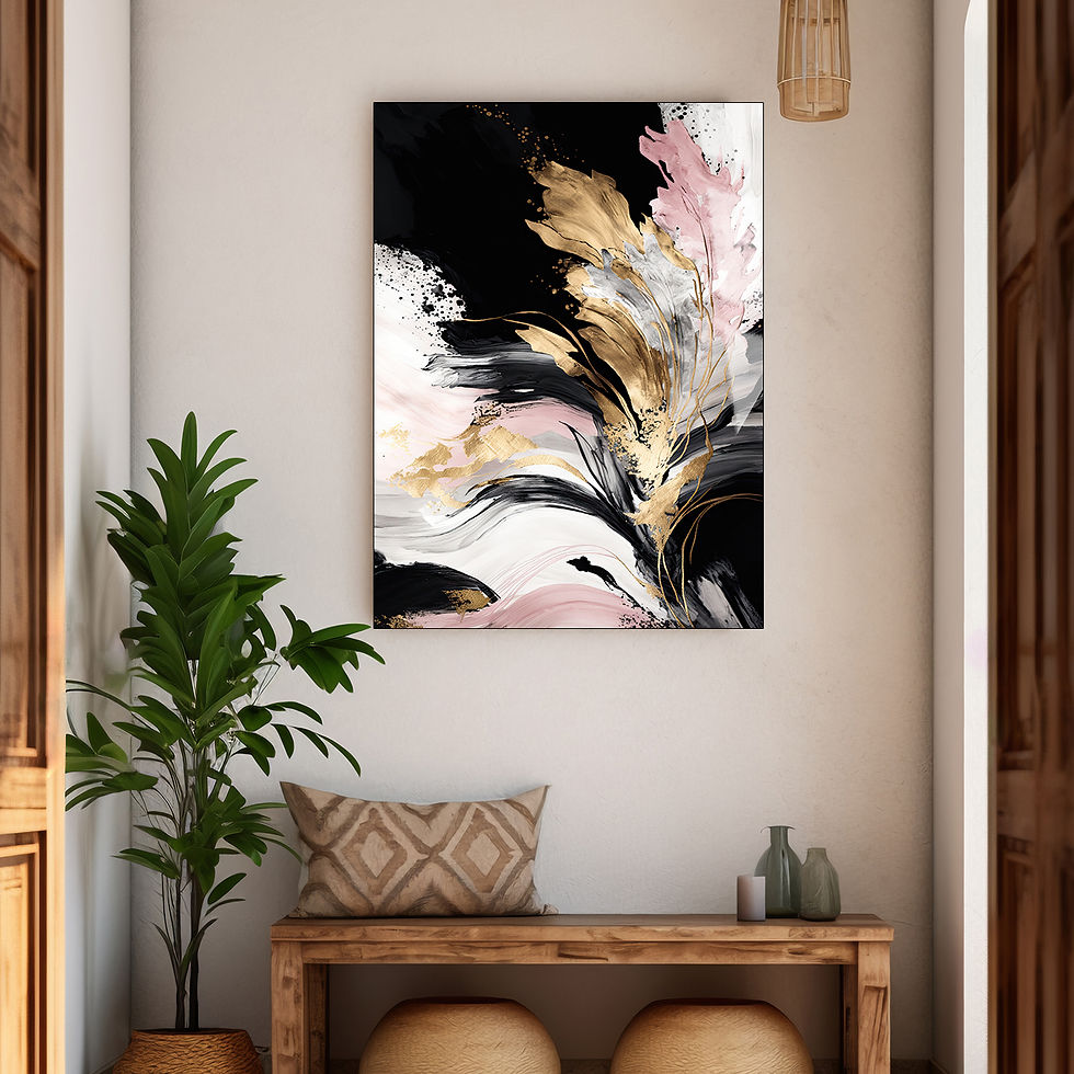 SİYAH-GOLD-PEMBE YAPRAK DESENLİ TABLO | ÇERÇEVESİZ DİKEY CAM TABLO