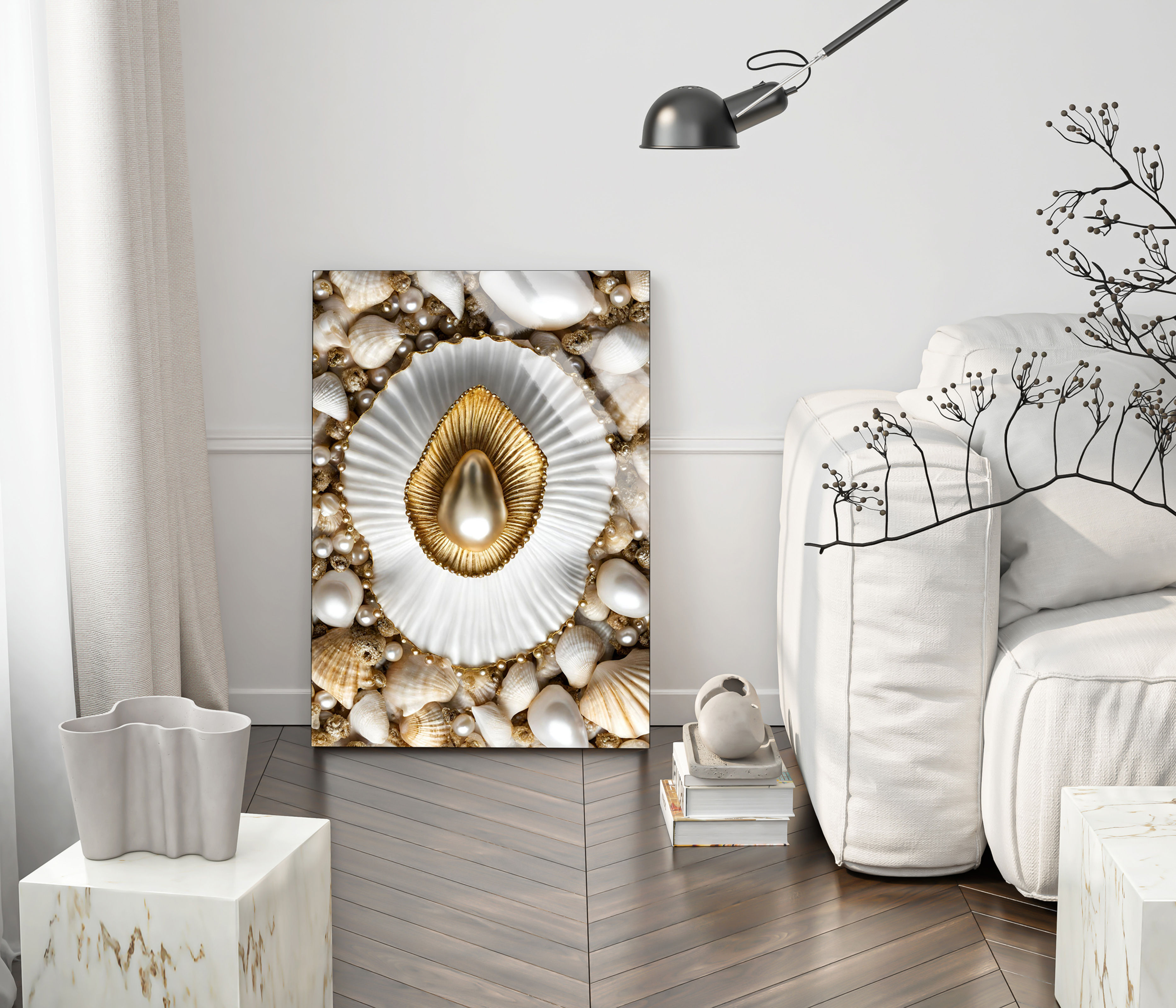 GOLD BEYAZ DENİZ KABUĞU MODELİ | ÇERÇEVESİZ DİKEY CAM TABLO