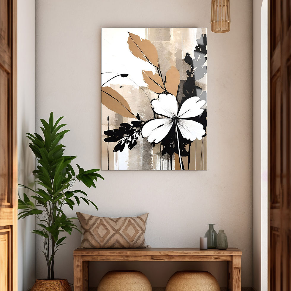 SİYAH BEJ-BEYAZ ÇİÇEK DESENLİ TABLO | ÇERÇEVESİZ DİKEY CAM TABLO