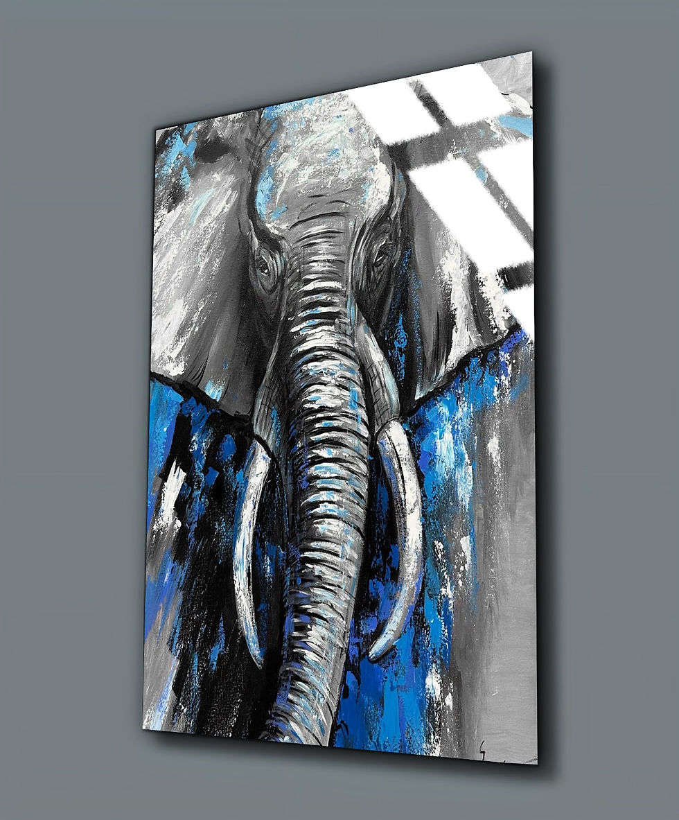 LACİVERT-GRİ FİL TABLOSU | ÇERÇEVESİZ DİKEY CAM TABLO