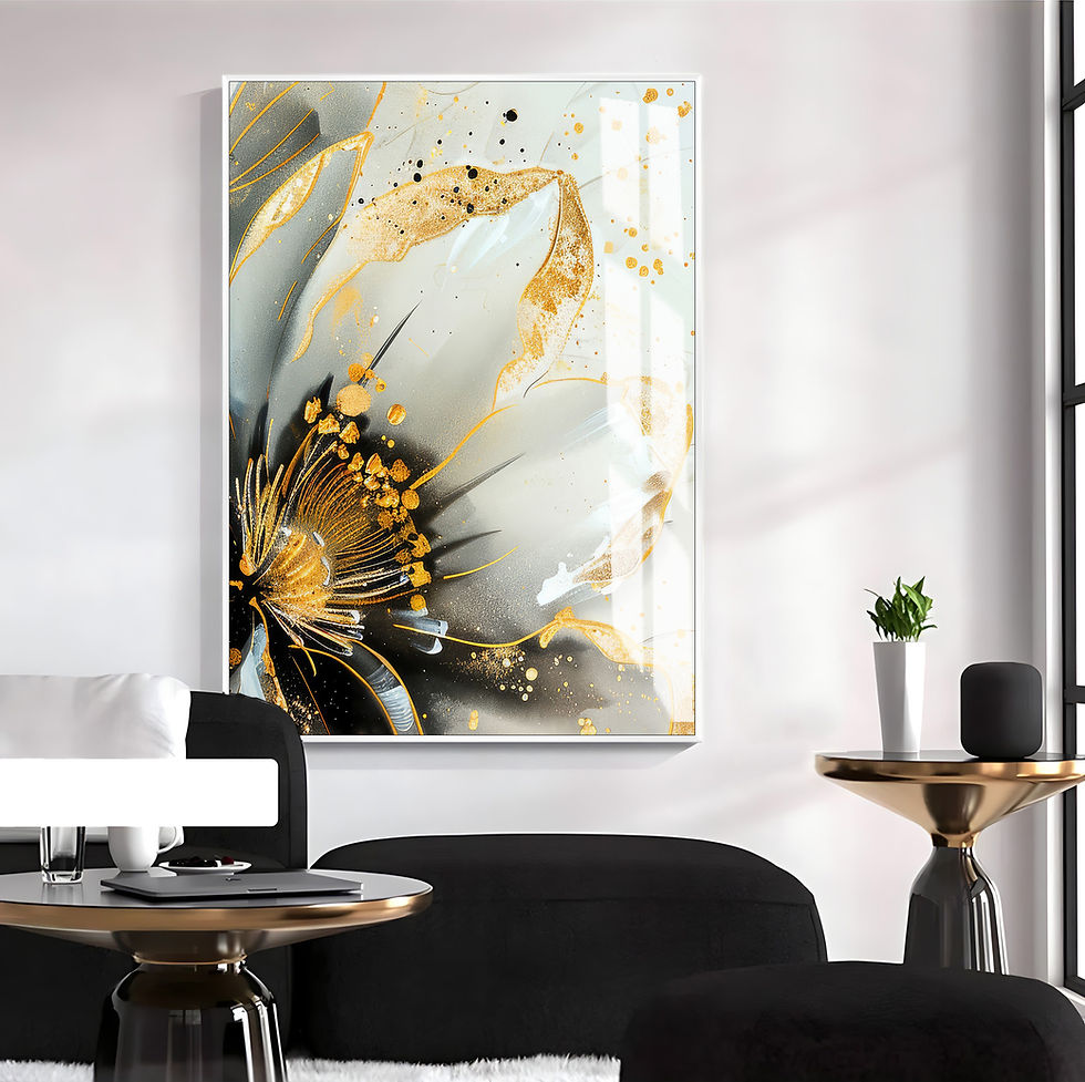 Küçük resim: GOLD-GRİ SOYUT ÇİÇEK MODELİ | TEKLİ DİKEY CAM TABLO