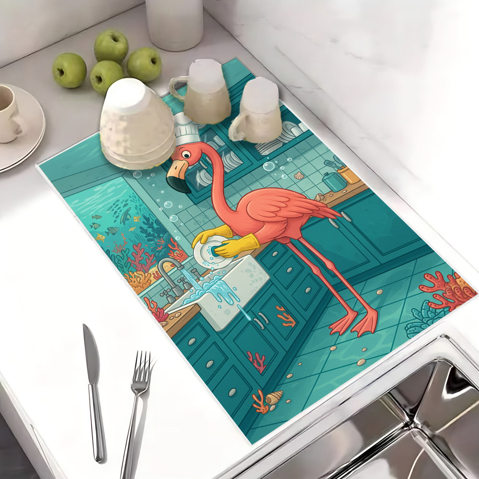 Flamingo Desenli | Bulaşık Kurutma Örtüsü Tezgah Üstü Bulaşıklık 40x50cm