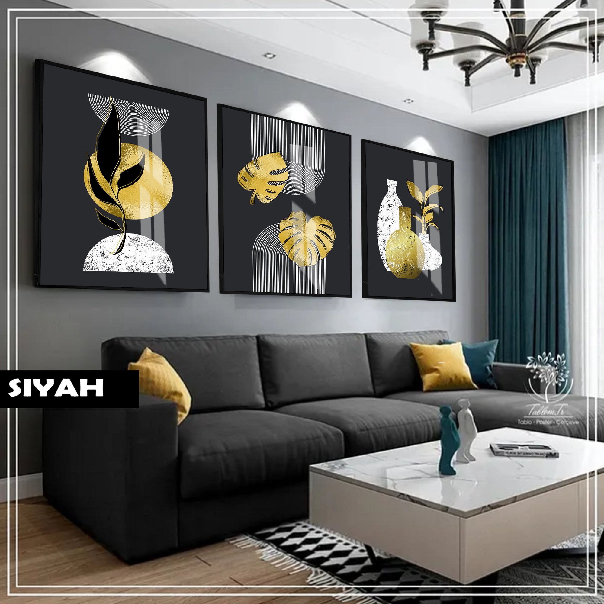 GRİ-GOLD BOHEM YAPRAKLI KOMBİN |ÇERÇEVELİ CAM TABLO 3LÜ DİKEY