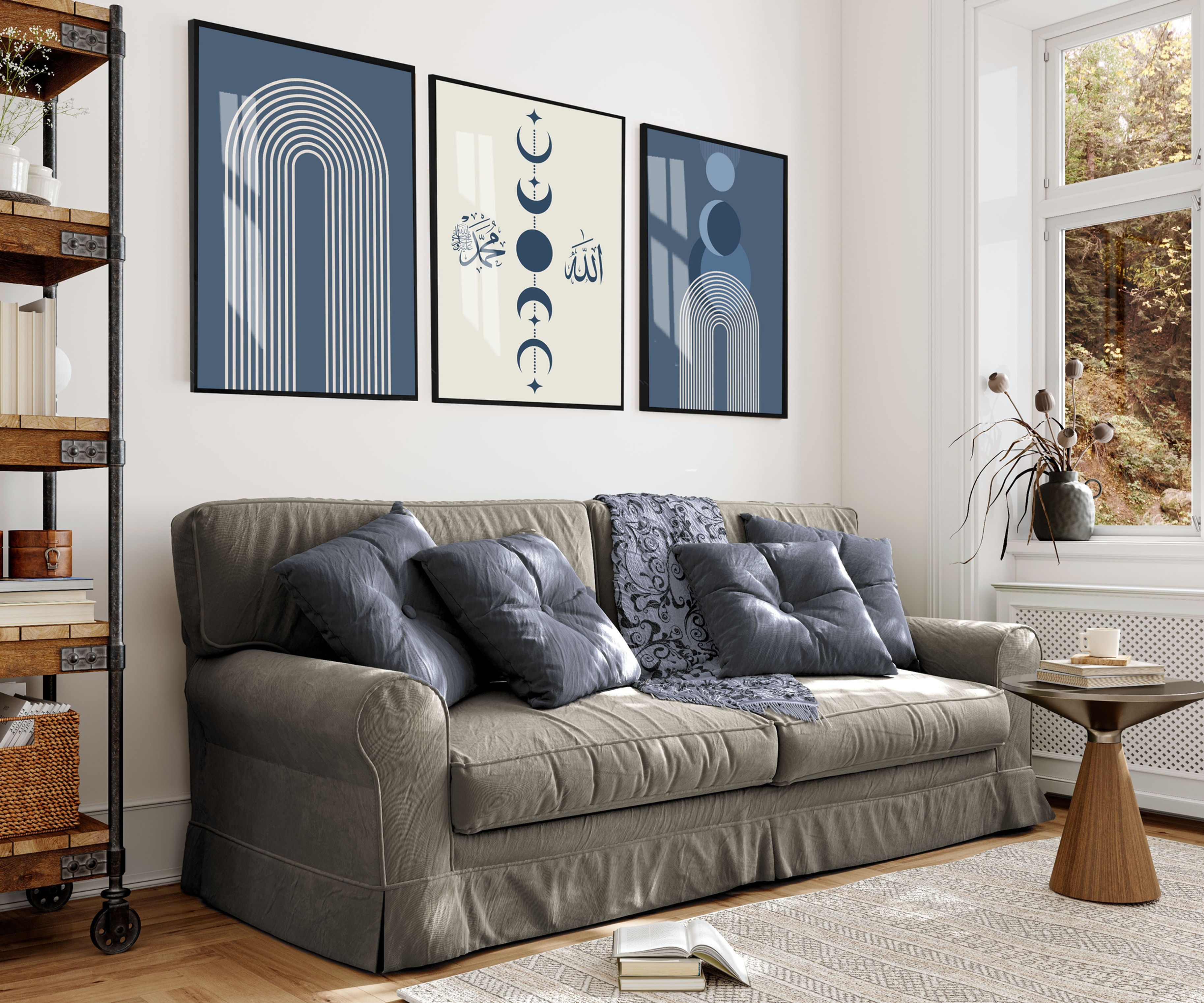 ALLAH MUHAMMED BOHEM MAVİ-BEJ İSLAMİ KOMBİN | ÇERÇEVELİ CAM TABLO 3LÜ DİKEY