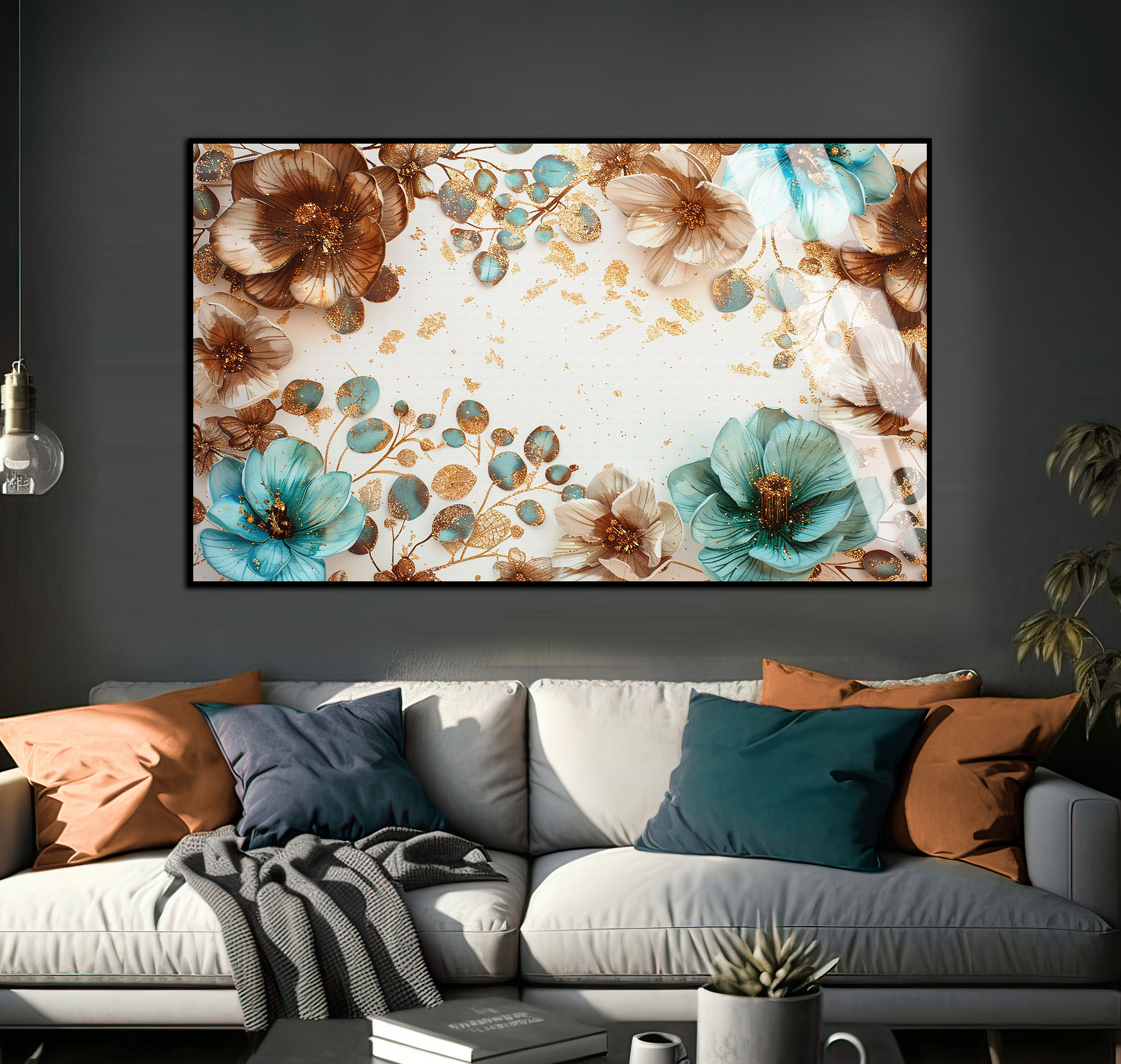 KAHVE-TURKUAZ-GOLD ÇİÇEK DESENLİ MODEL | TEKLİ YATAY CAM TABLO