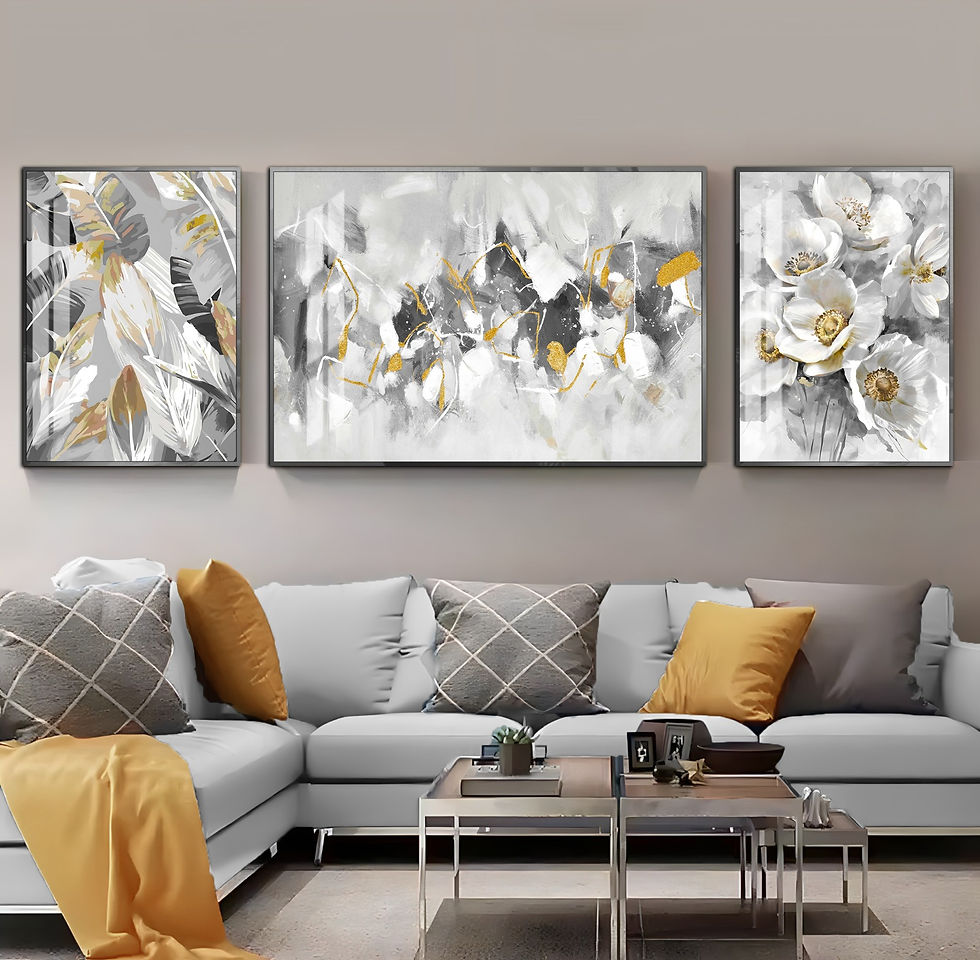 SARI-KREM-BEYAZ RENK ÇİÇEK KOMBİNİ | 3LÜ YATAY CAM TABLO