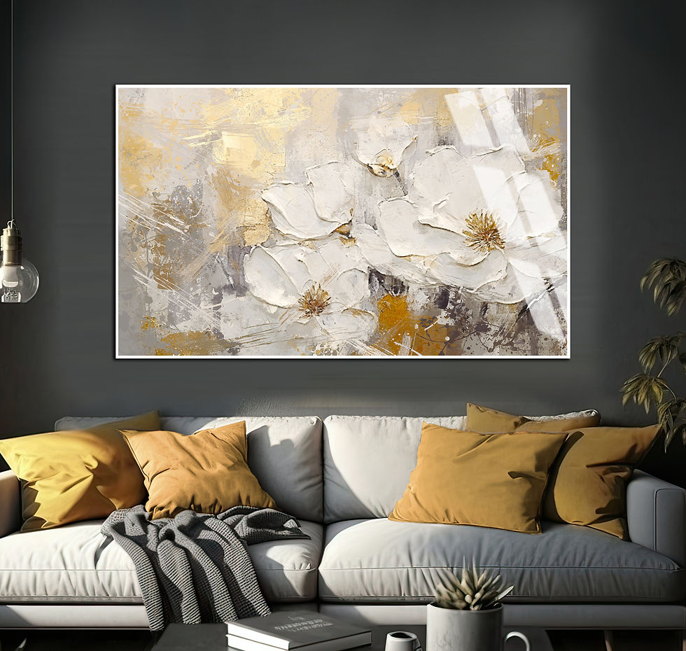 Küçük resim: SOFT BEYAZ-GOLD ÇİÇEK MODELİ | TEKLİ YATAY CAM TABLO