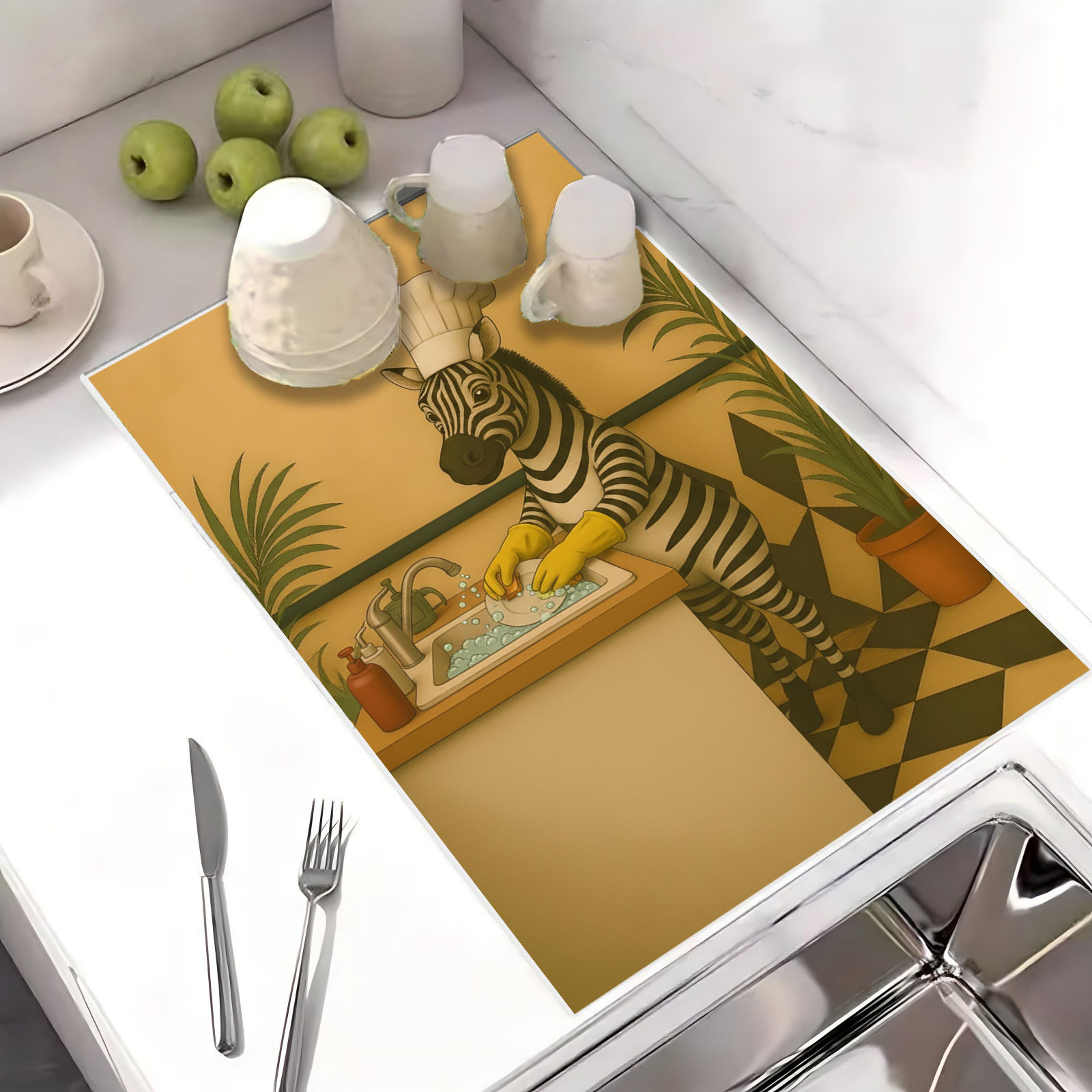 Zürafa Desenli | Bulaşık Kurutma Örtüsü Tezgah Üstü Bulaşıklık 40x50cm