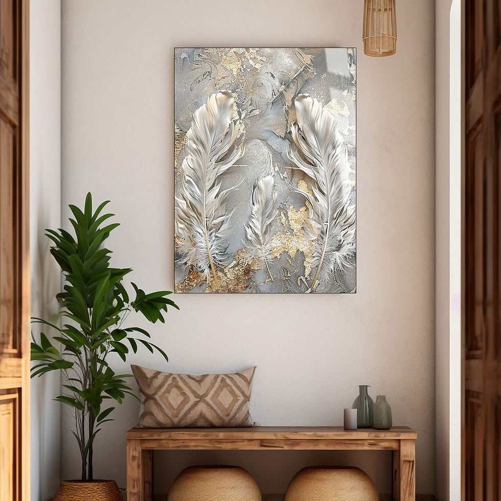 SOFT GRİ GOLD YAPRAK TEMALI MODELİ | ÇERÇEVESİZ DİKEY CAM TABLO