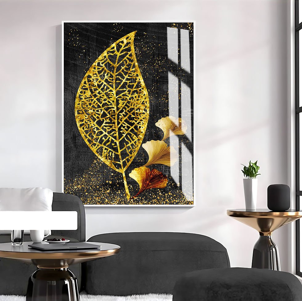 Küçük resim: SİYAH-GOLD YAPRAK MODELİ II | TEKLİ DİKEY CAM TABLO