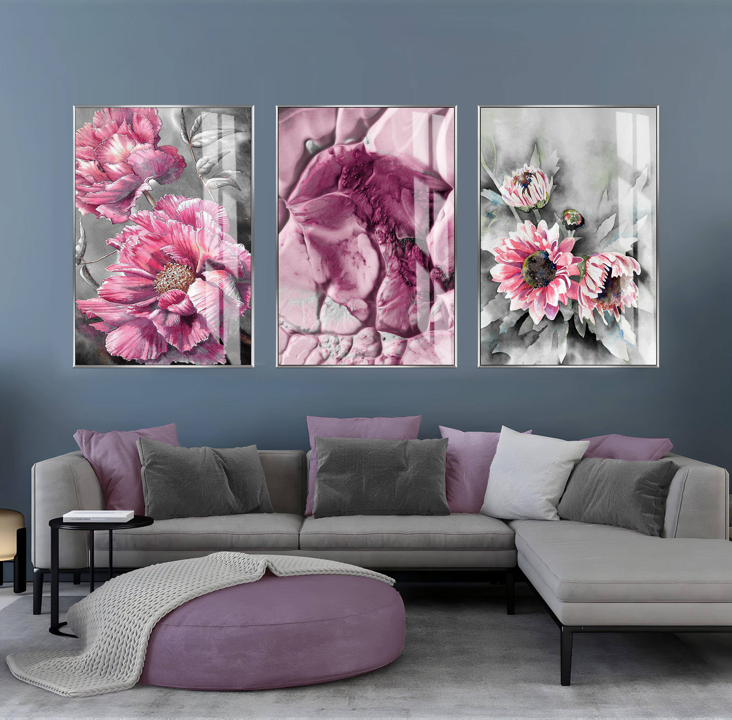 GRİ-PEMBE SOYUT ÇİÇEK KOMBİNİ | 3LÜ DİKEY CAM TABLO