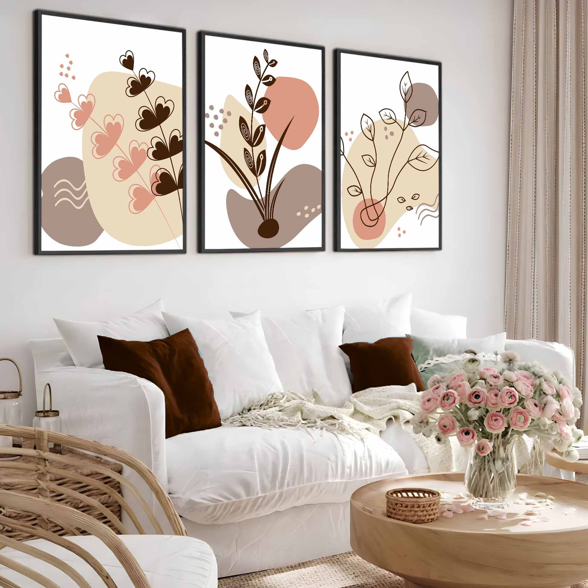 BEJ-KREM BOHEM YAPRAKLI KOMBİN | 3LÜ DİKEY AHŞAP MDF TABLO