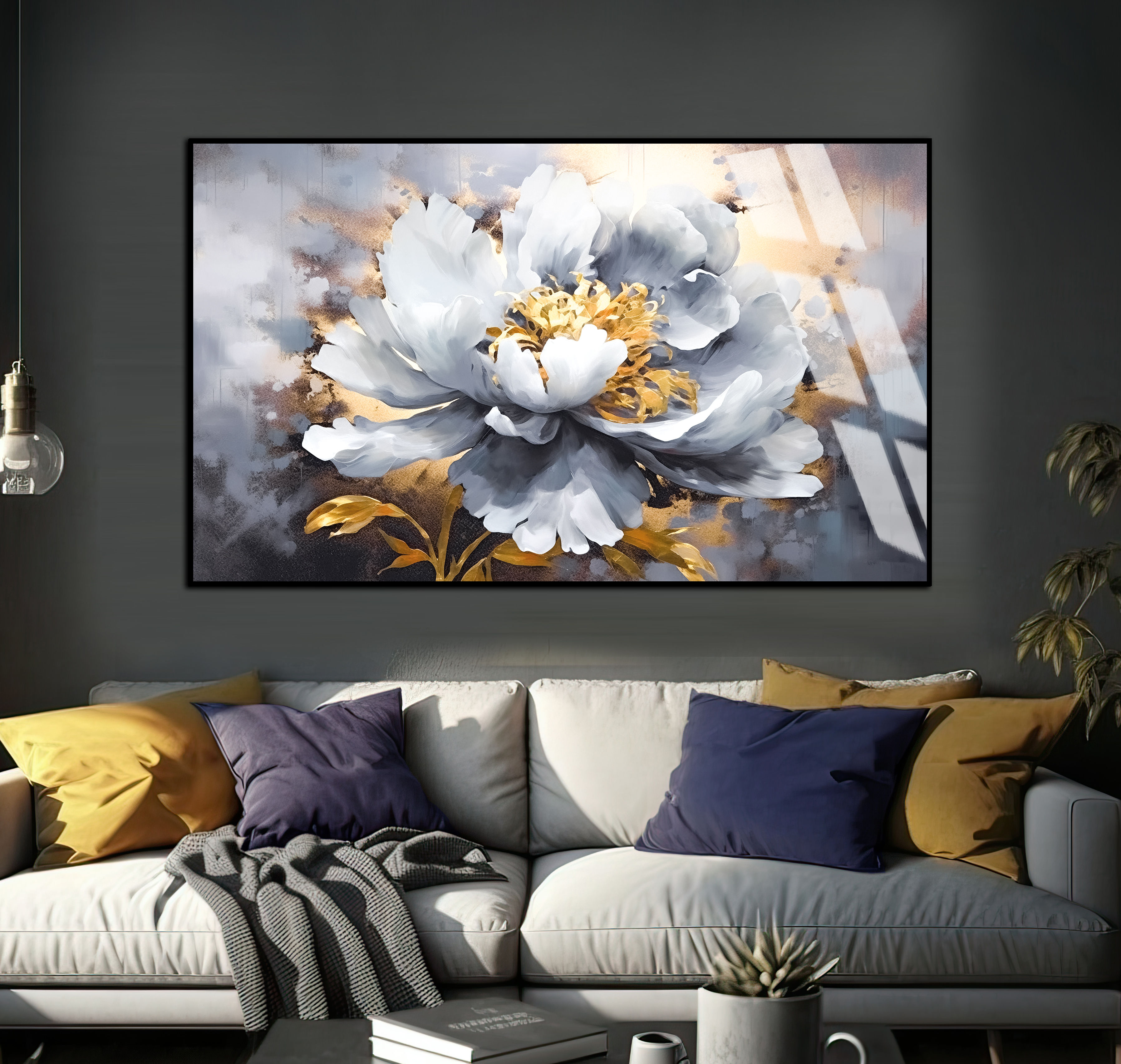 BEYAZ-GOLD ÇİÇEK MODELİ | TEKLİ YATAY CAM TABLO