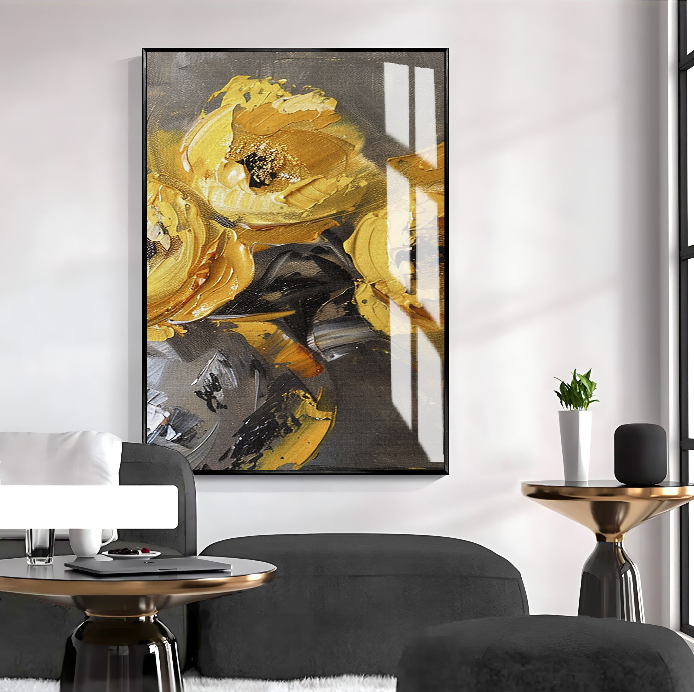 SARI-GRİ RENK SOYUT GÜL MODELİ | TEKLİ DİKEY CAM TABLO