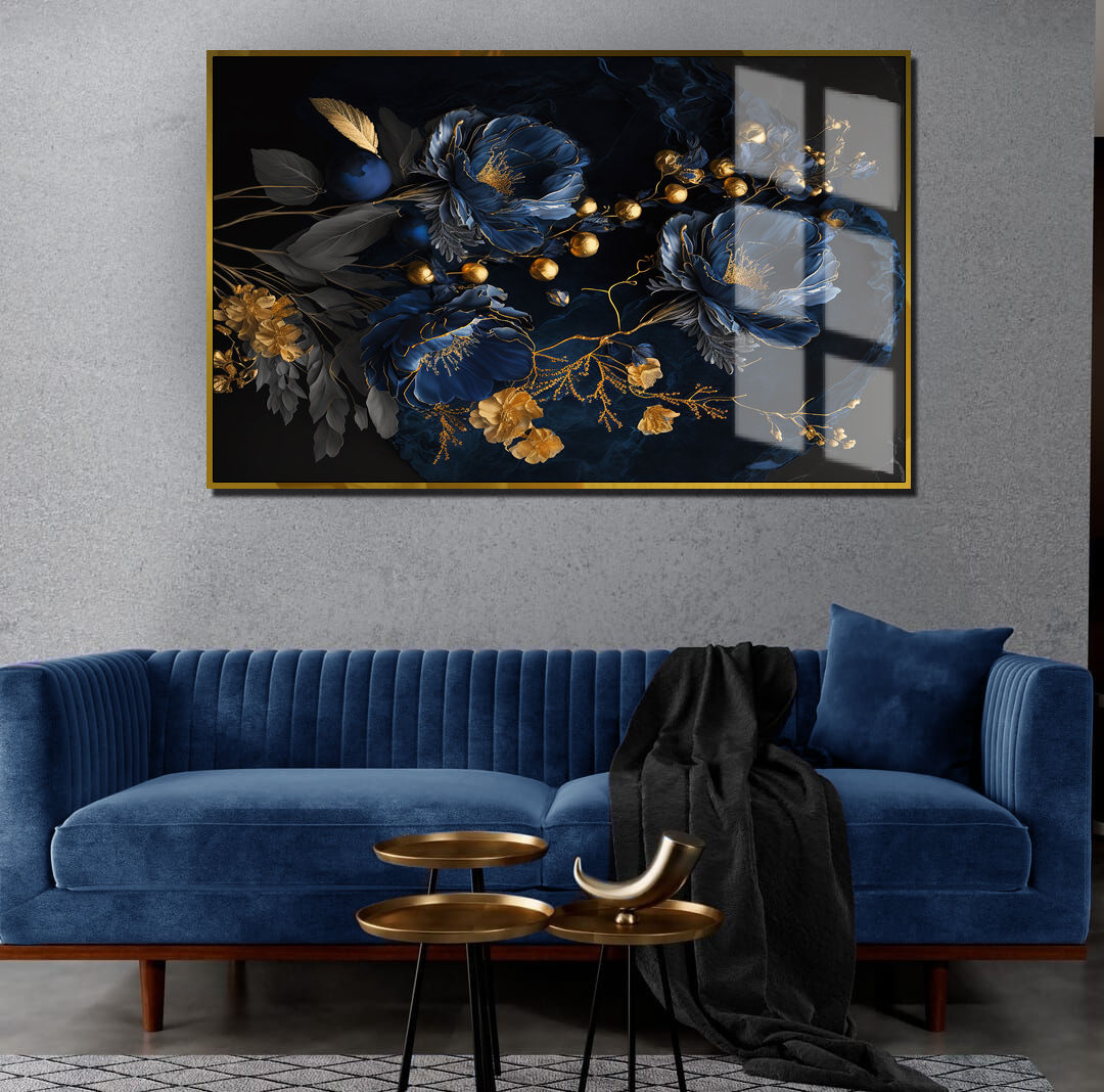 LACİVERT-GOLD RENK SOYUT ÇİÇEK KOMBİNİ | TEKLİ YATAY CAM TABLO