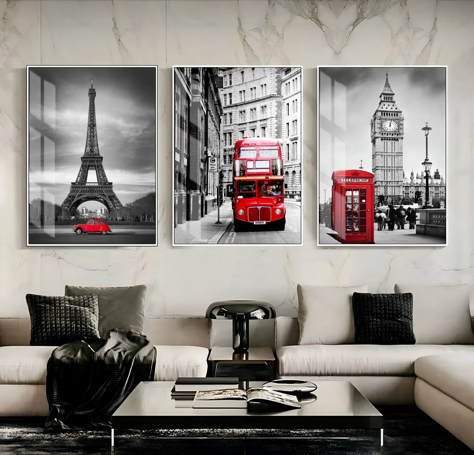 KIRMIZI-GRİ RENK PARİS-LONDRA KOMBİNİ | 3LÜ DİKEY CAM TABLO