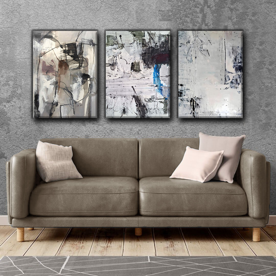 SİYAH-GRİ SOYUT KOMBİN | 3LÜ DİKEY KANVAS TABLO