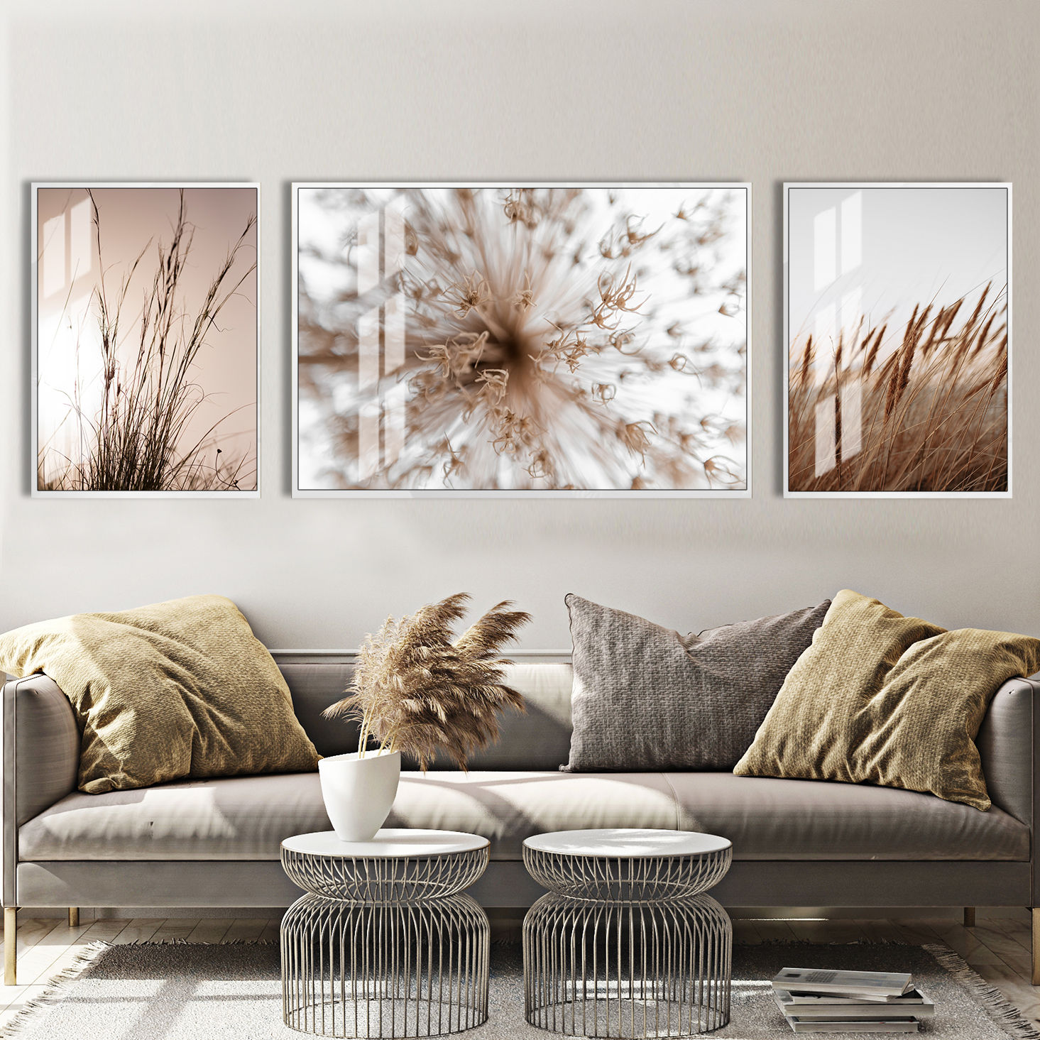 HARİKABİREV|KAHVE TON KURU BİTKİ KOMBİN |ÇERÇEVELİ TEMPERLİ CAM TABLO 3LÜ YATAY