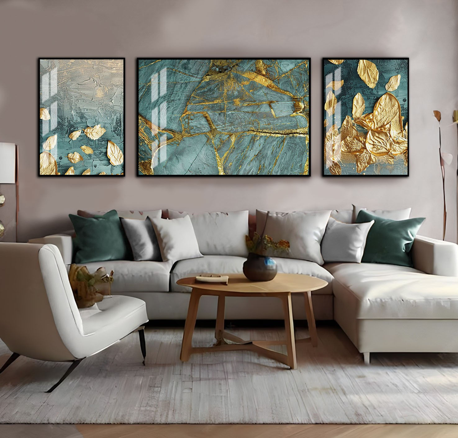 TURKUAZ-GOLD SOYUT YAPRAK KOMBİNİ | 3LÜ YATAY CAM TABLO