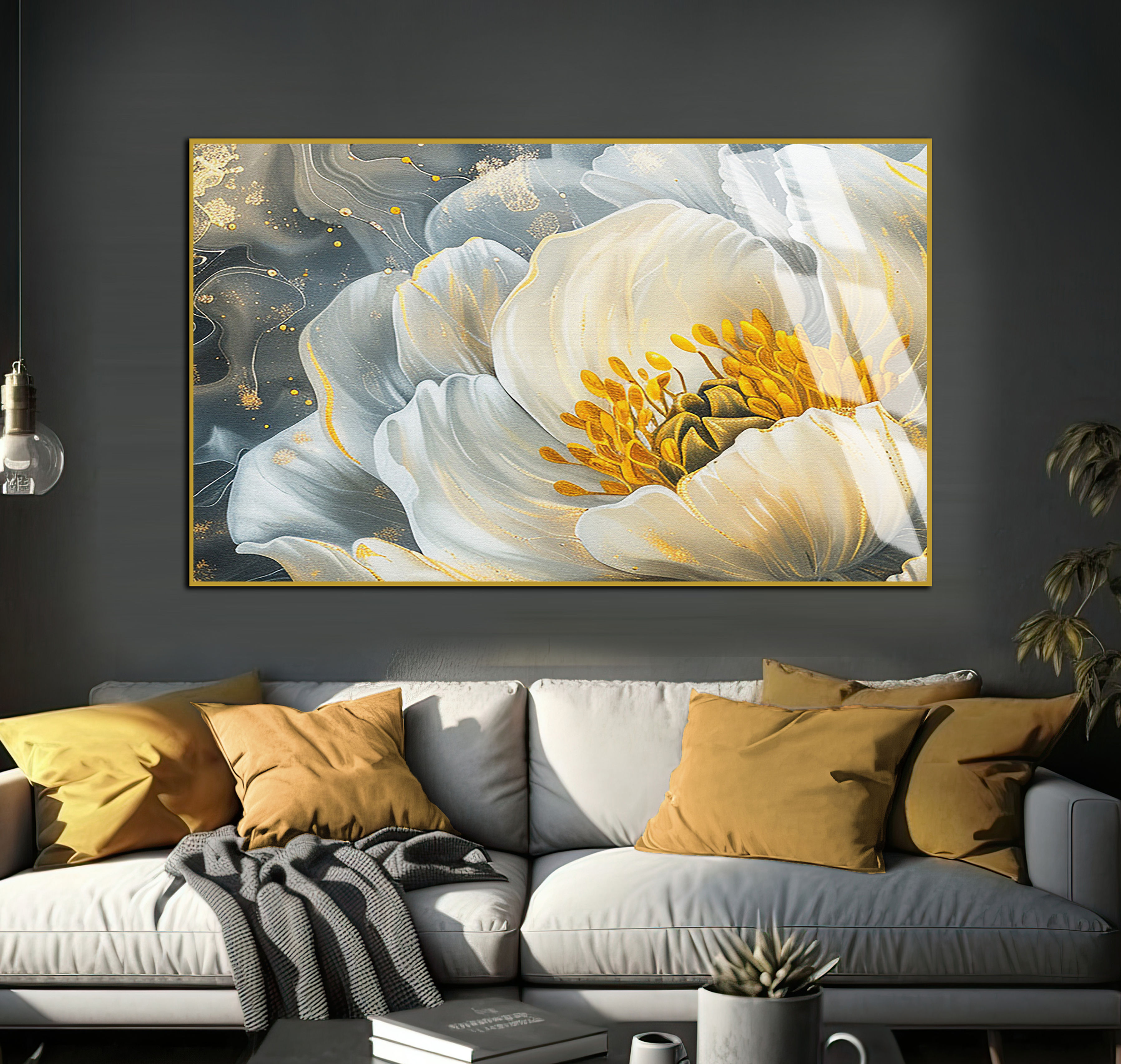 BEYAZ-GOLD ÇİÇEK MODELİ | TEKLİ YATAY CAM TABLO