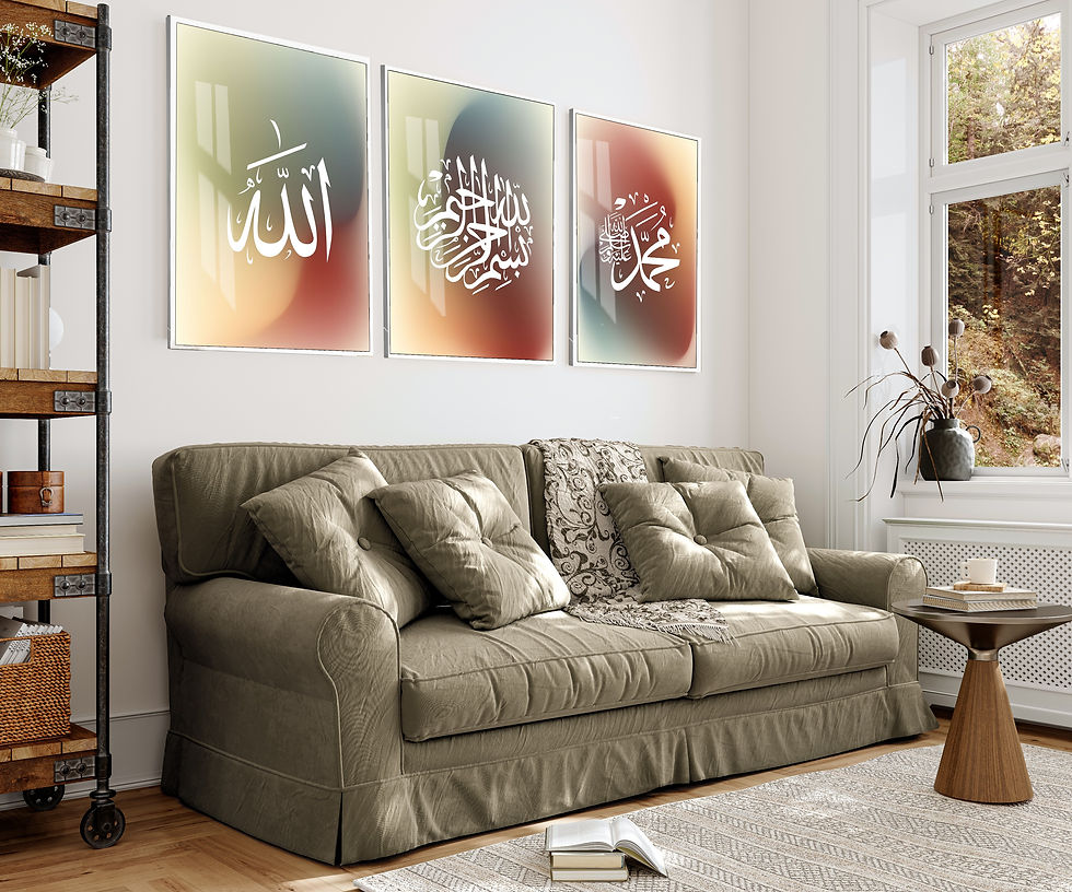 Küçük resim: ALLAH-MUHAMED PASTEL TONLU İSLAMİ KOMBİNİ |ÇERÇEVELİ CAM TABLO 3LÜ DİKEY