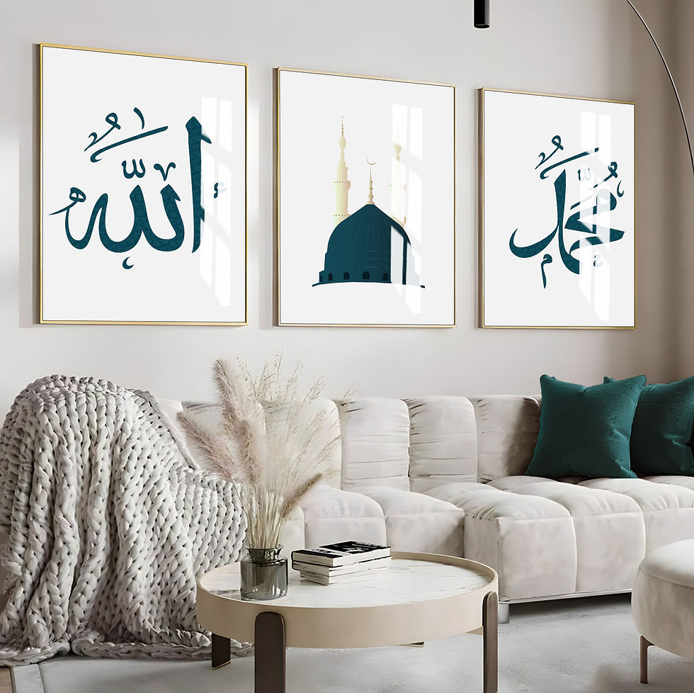 Küçük resim: GRİ-TURKUAZ CAMİ ALLAH-HZ.MUAHMMED KOMBİNİ|ÇERÇEVELİ 3LÜ DİKEY CAM TABLO