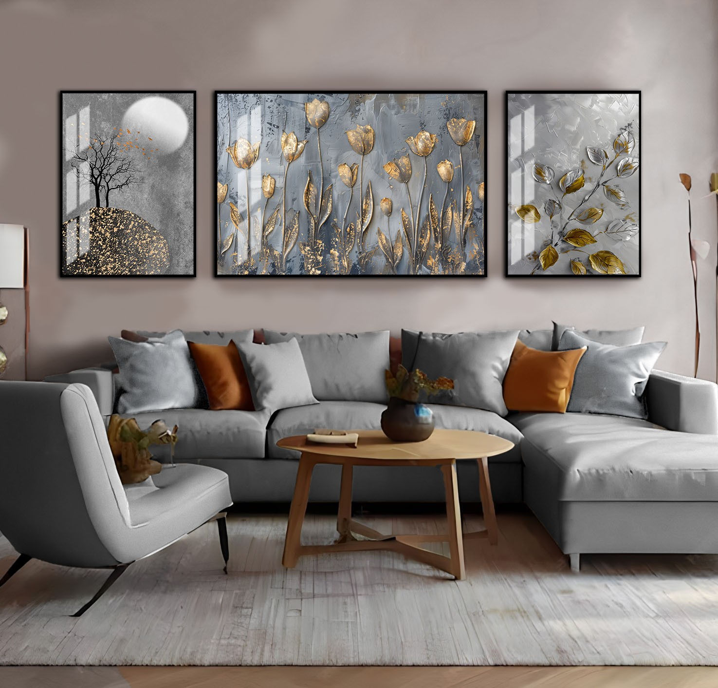 GRİ-GOLD SOYUT ÇİÇEK KOMBİNİ II | 3LÜ YATAY CAM