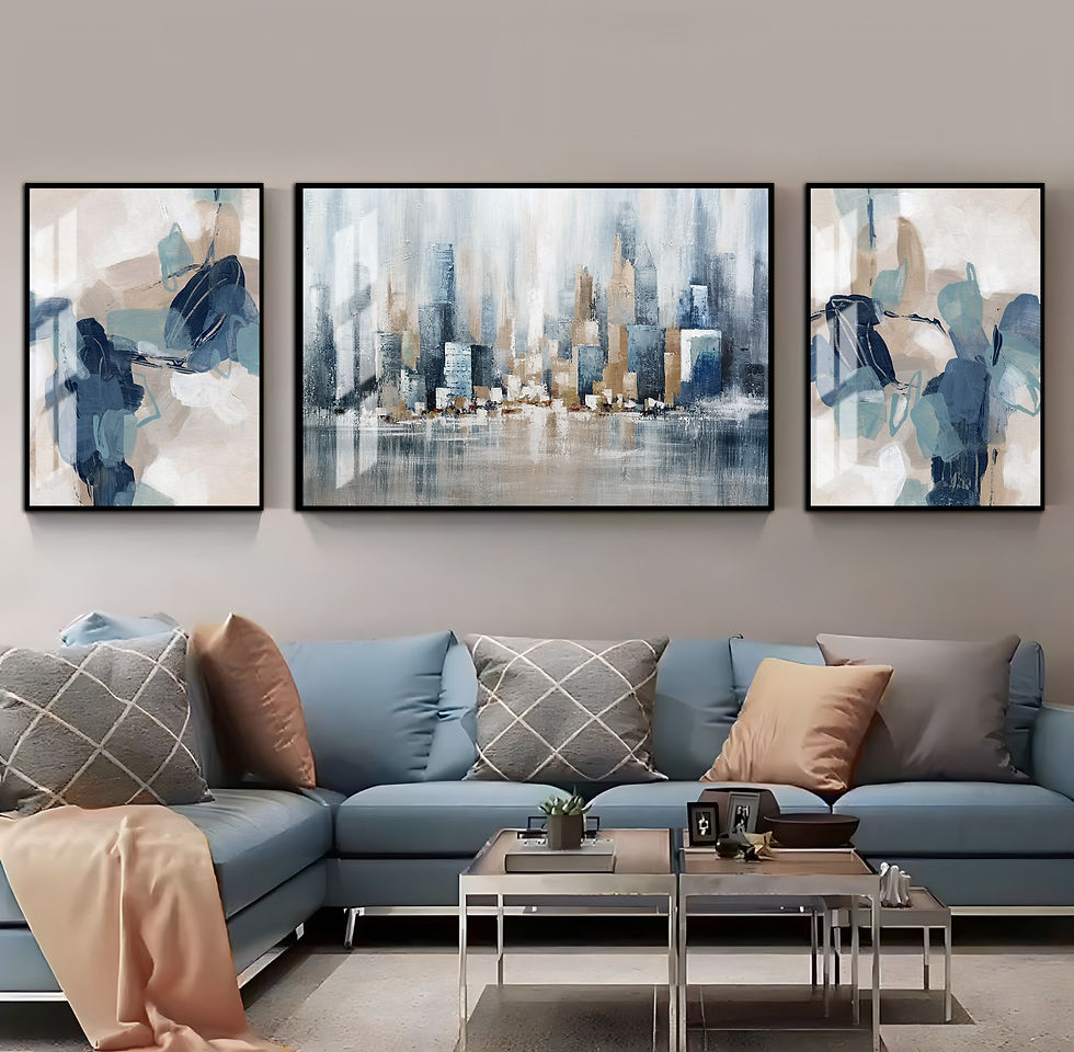 LACİVERT-GRİ RENK SOYUT ŞEHİR KOMBİNİ | 3LÜ YATAY CAM TABLO