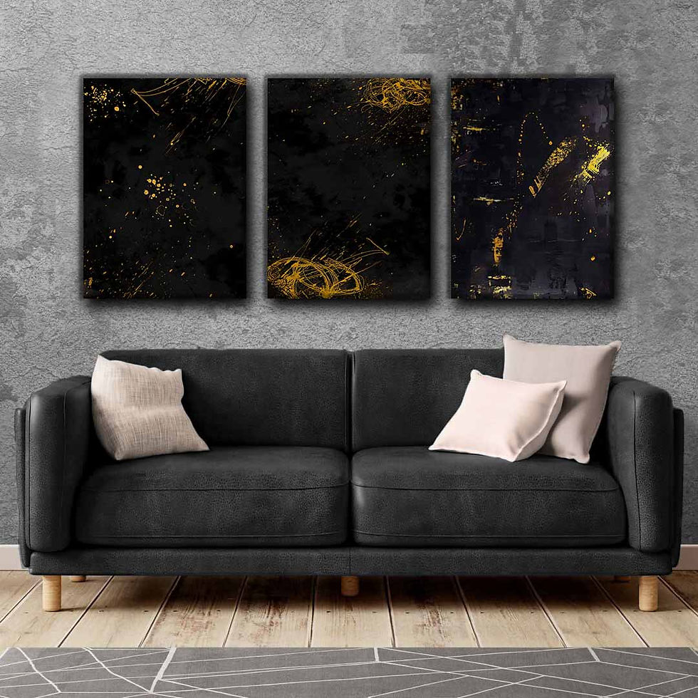GOLD-SİYAH RENK SOYUT KOMBİN | 3LÜ DİKEY KANVAS TABLO