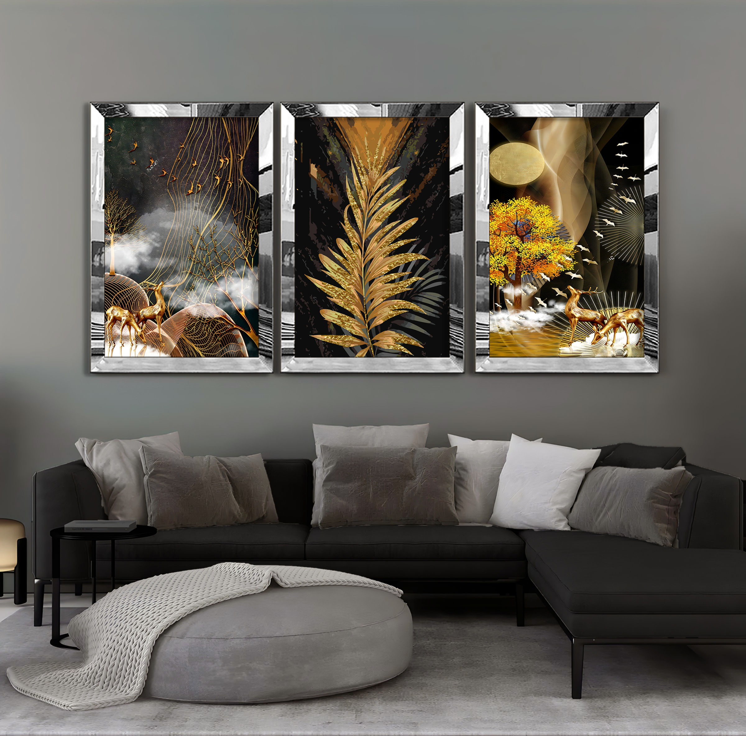 SİYAH-GOLD GEYİKLİ KOMBİN | 3LÜ DİKEY PELKSİ TABLO