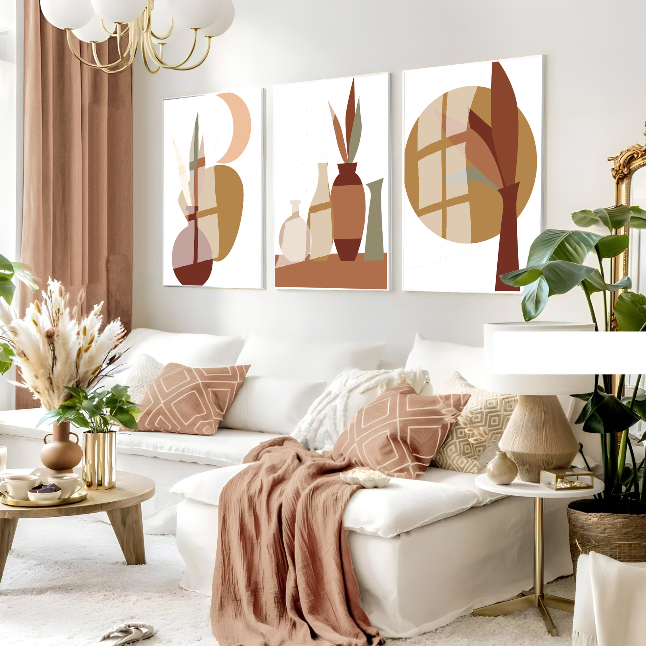 KAHVE TONLAR BİTKİLİ BOHEM KOMBİNİ | 3LÜ DİKEY CAM TABLO