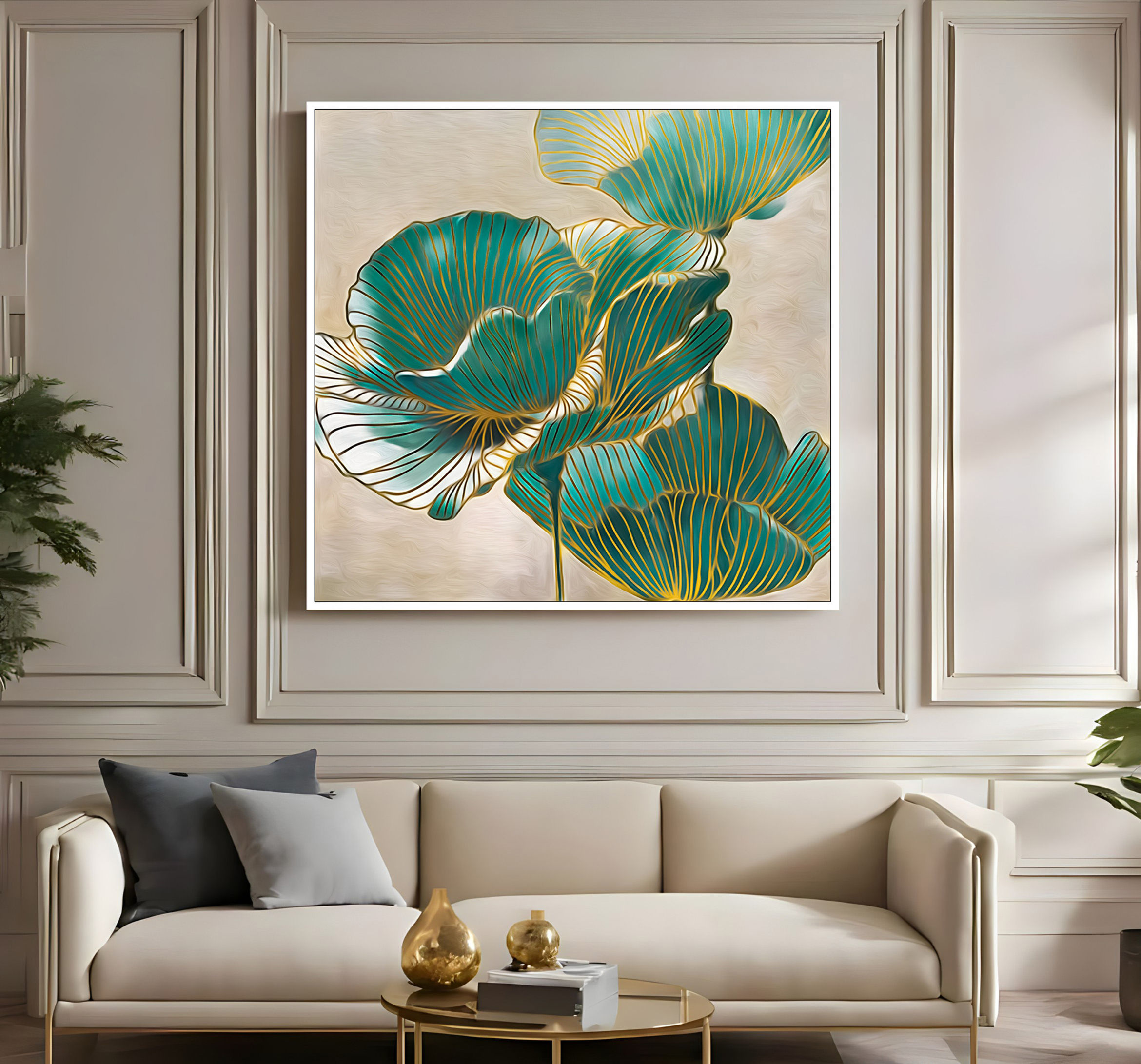 YEŞİL-GOLD ÇİÇEK DESENLİ MODEL | ÇERÇEVELİ KARE KANVAS TABLO