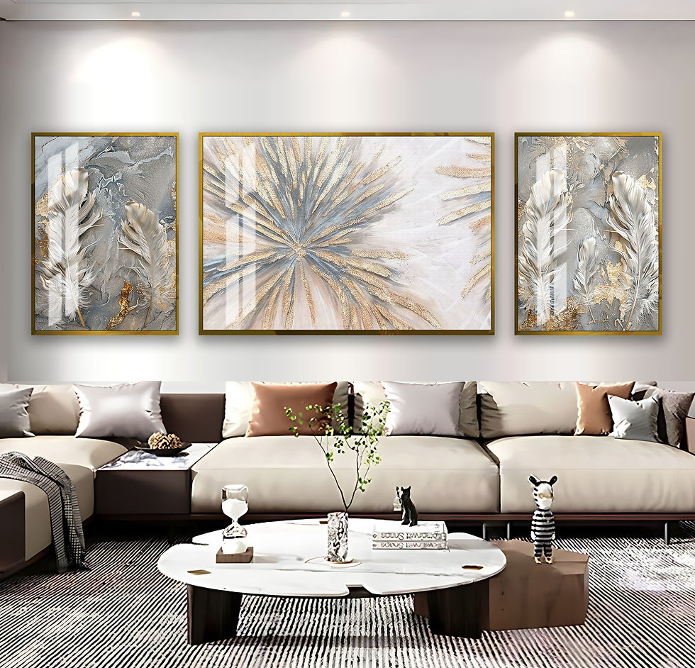 Küçük resim: SOFT GRİ-GOLD SOYUT YAPRAK DESENLİ KOMBİNİ | 3LÜ YATAY CAM TABLO