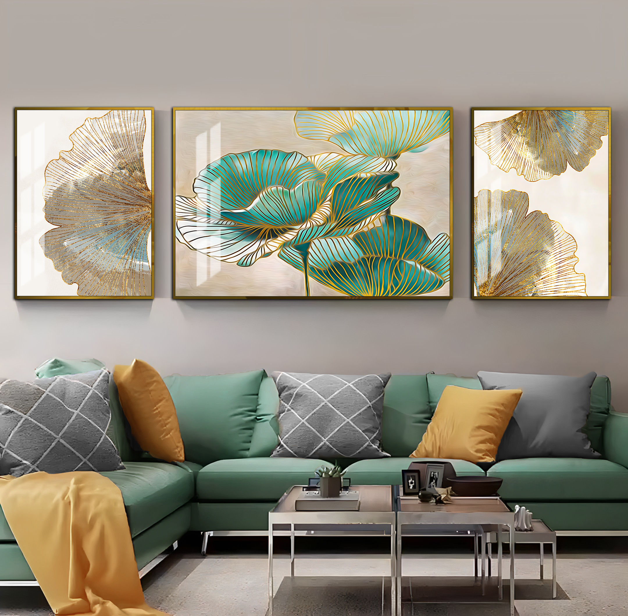 SEVİLEN TURKUAZ-GOLD YEŞİL YAPRAK DESENLİ SOYUT KOMBİNİ | 3LÜ YATAY CAM TABLO