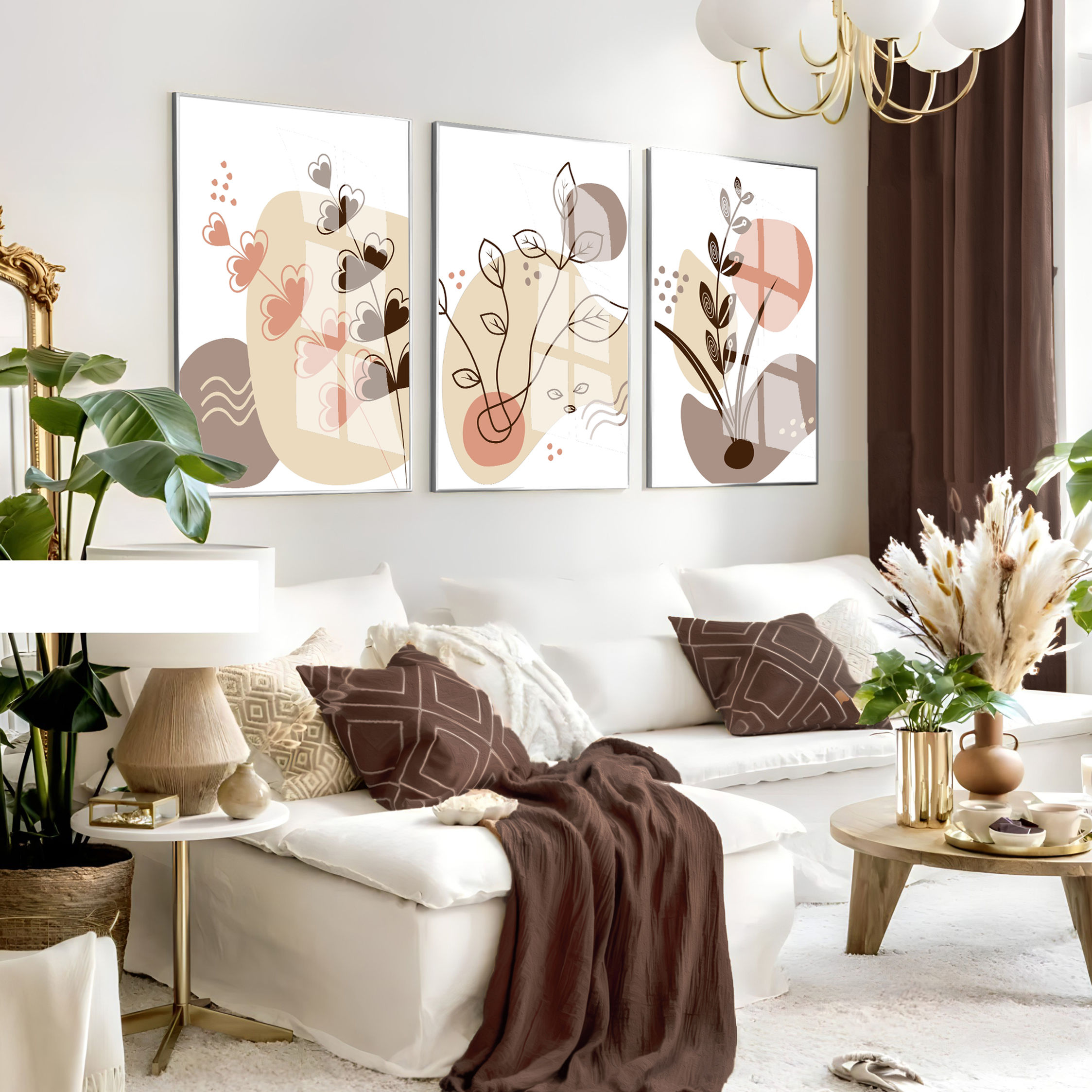 SOFT KREM-KAHVE YAPRAK DESEN BOHEM SETİ | 3LÜ DİKEY CAM TABLO