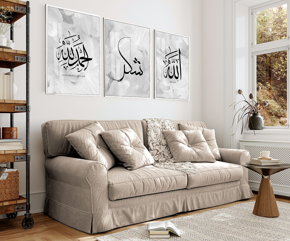 Küçük resim: MUHAMMED-ŞÜKÜR-ALLAH MİNİMAL DESEN KOMBİN |ÇERÇEVELİ CAM TABLO 3LÜ DİKEY