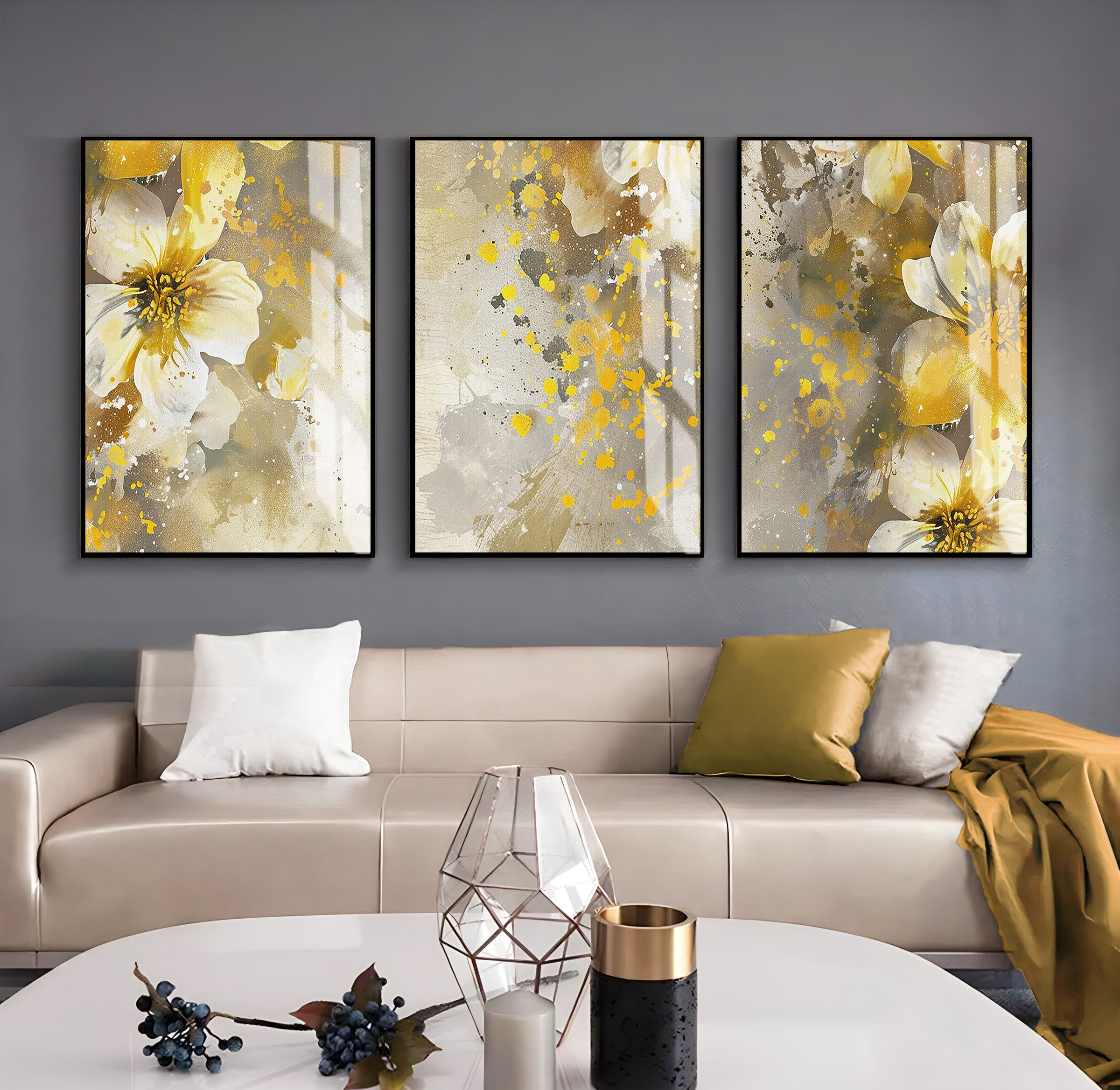 GOLD-GRİ ÇİÇEK DESENLİ KOMBİN | 3LÜ DİKEY CAM TABLO