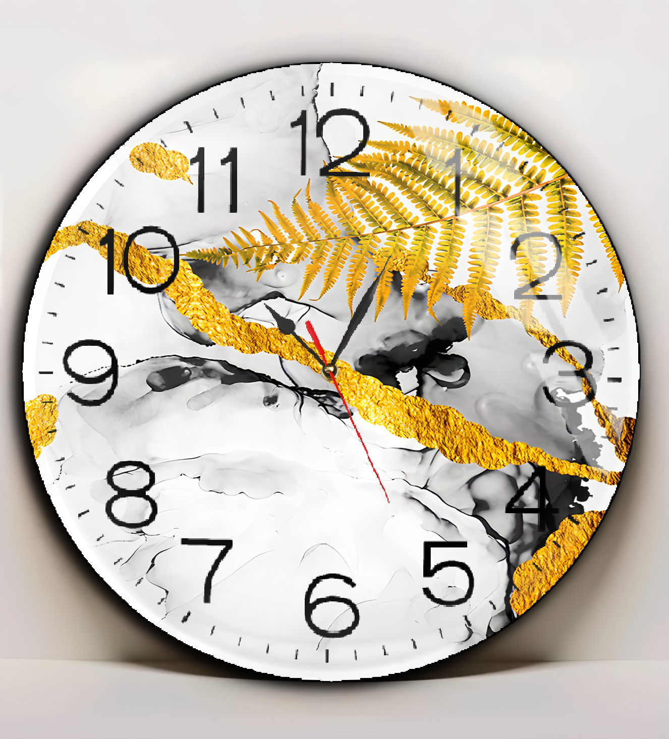 HS-0075 | GOLD YAPRAK DESENLİ | YUVARLAK DUVAR SAATİ