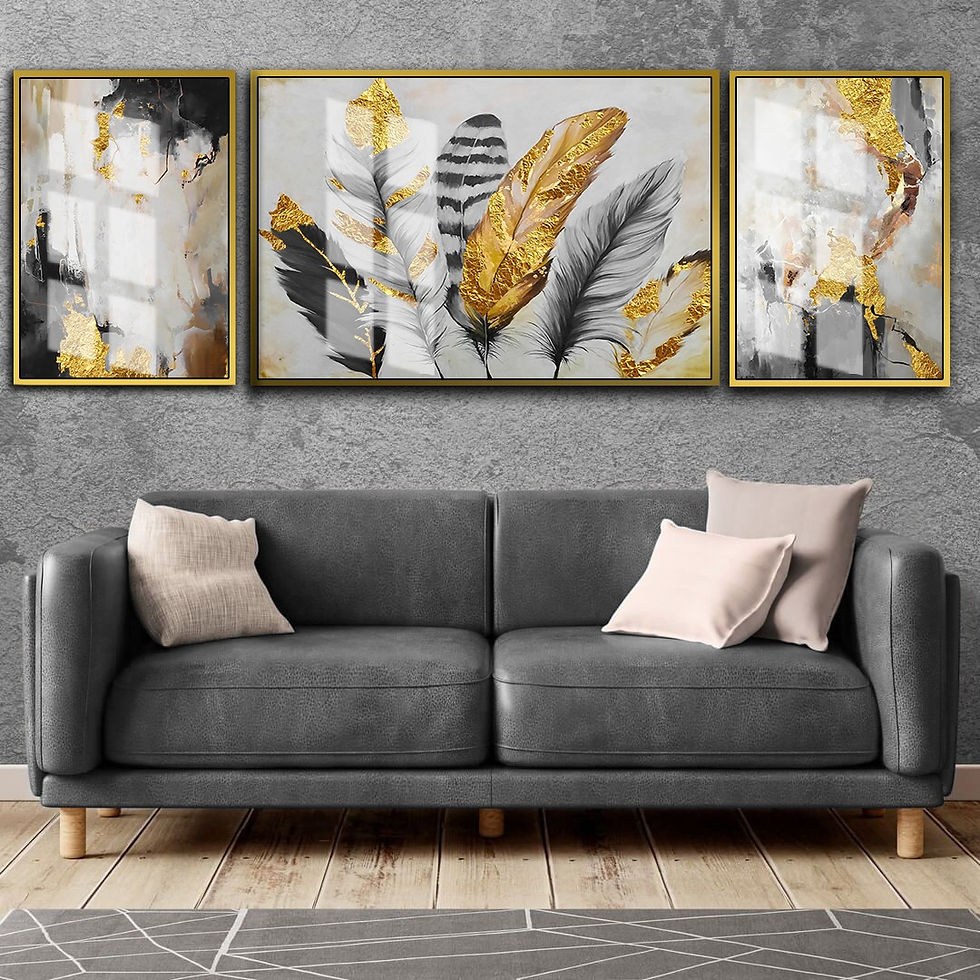 GRİ-GOLD RENK SOYUT TÜY KOMBİNİ | 3LÜ YATAY CAM TABLO