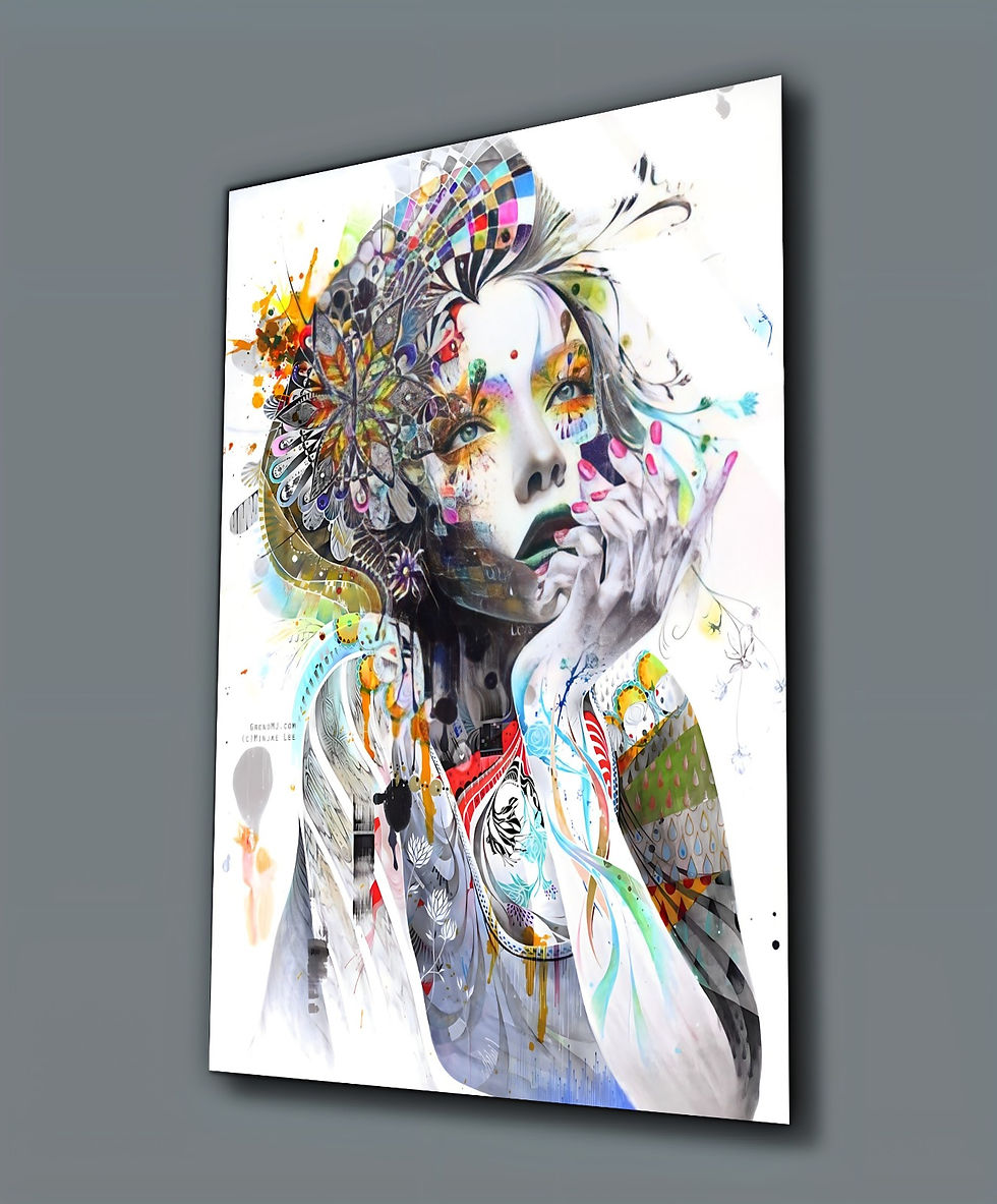BEYAZ-ÇOK RENKLİ KADIN TABLOSU | ÇERÇEVESİZ DİKEY CAM TABLO