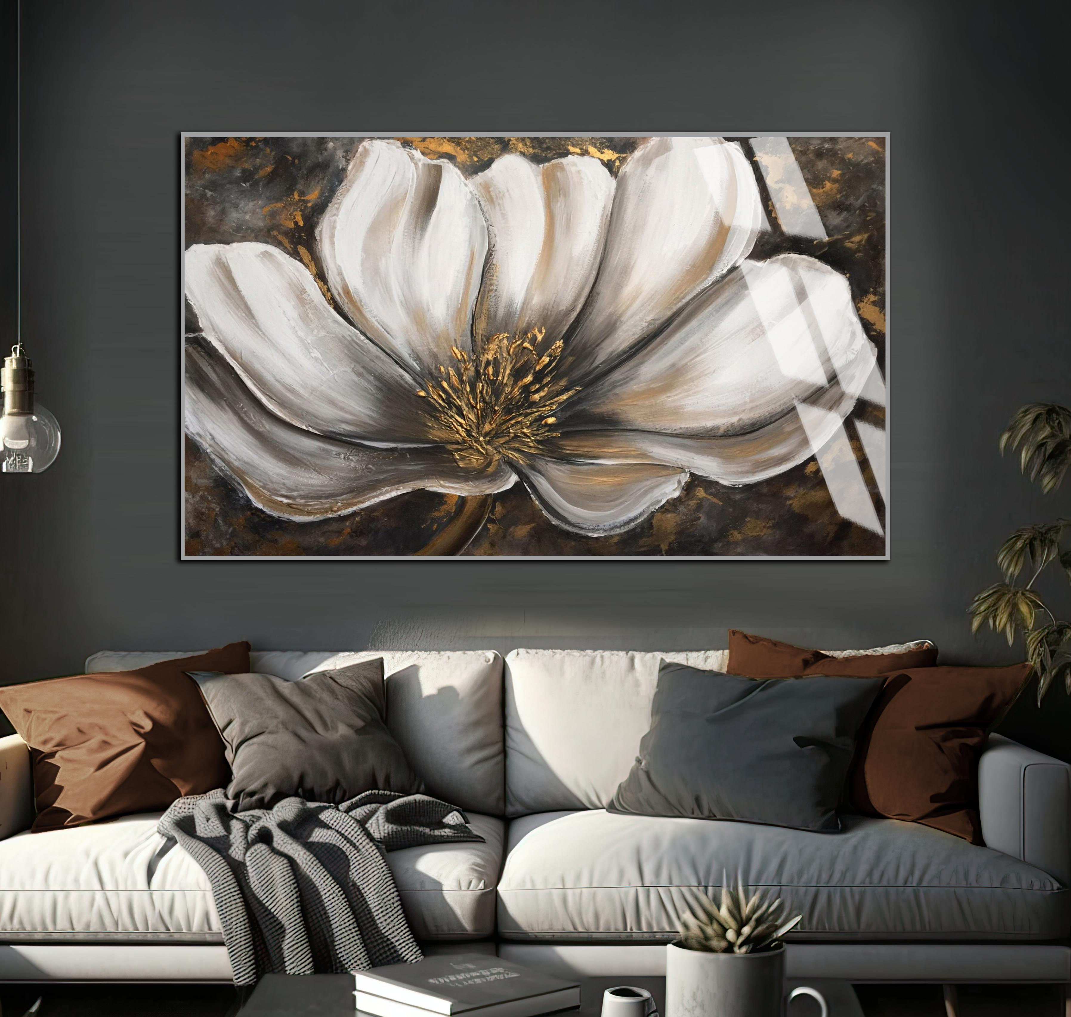 GRİ-KAHVE RENK ÇİÇEK MODELİ | TEKLİ YATAY CAM TABLO