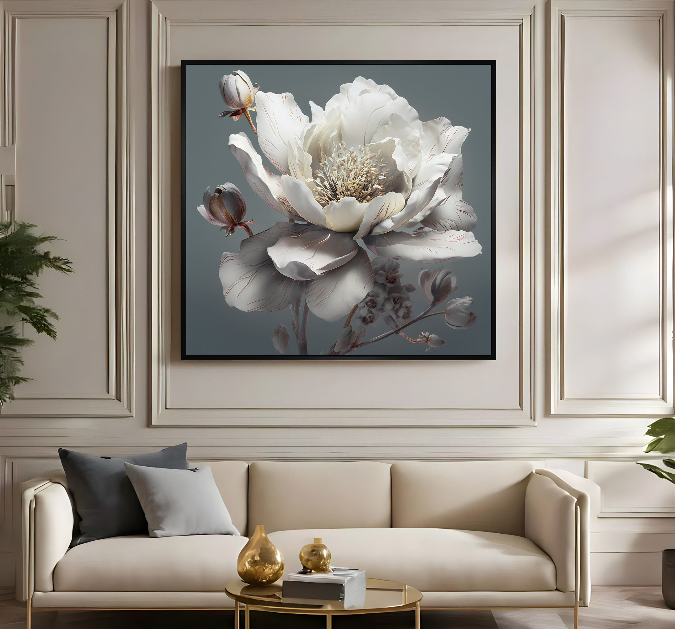 BEYAZ SOFT ÇİÇEK MODELİ | ÇERÇEVELİ KARE KANVAS TABLO