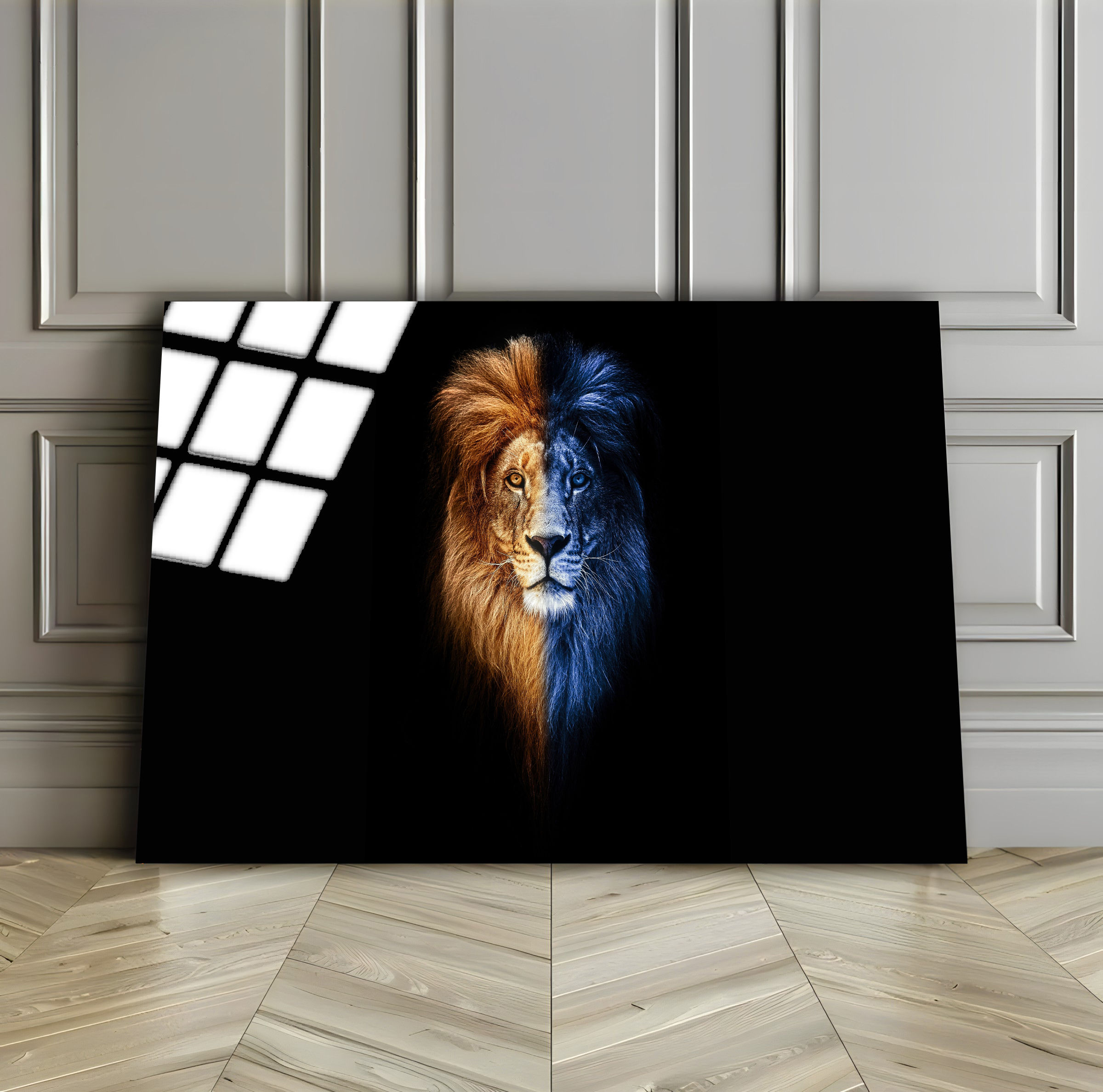 LACİVERT-GOLD RENK ASLAN TABLOSU  |ÇERÇEVESİZ YATAY CAM TABLO