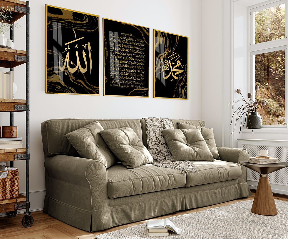 SİYAH GOLD ALLAH-MUHAMMED KOMBİNİ |ÇERÇEVELİ CAM TABLO 3LÜ DİKEY