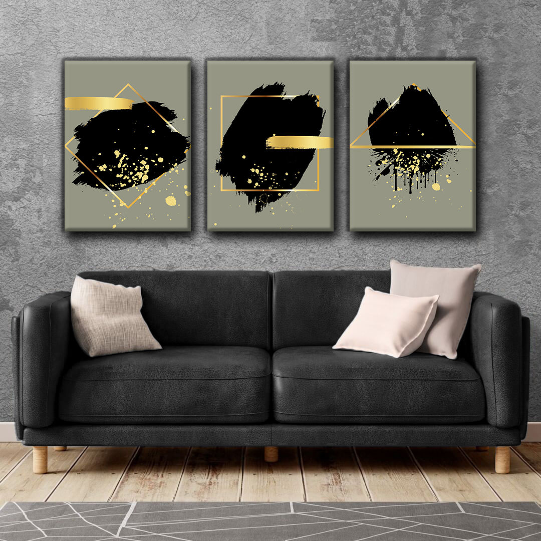 GOLD-SİYAH SOYUT KOMBİN | 3LÜ DİKEY KANVAS TABLO