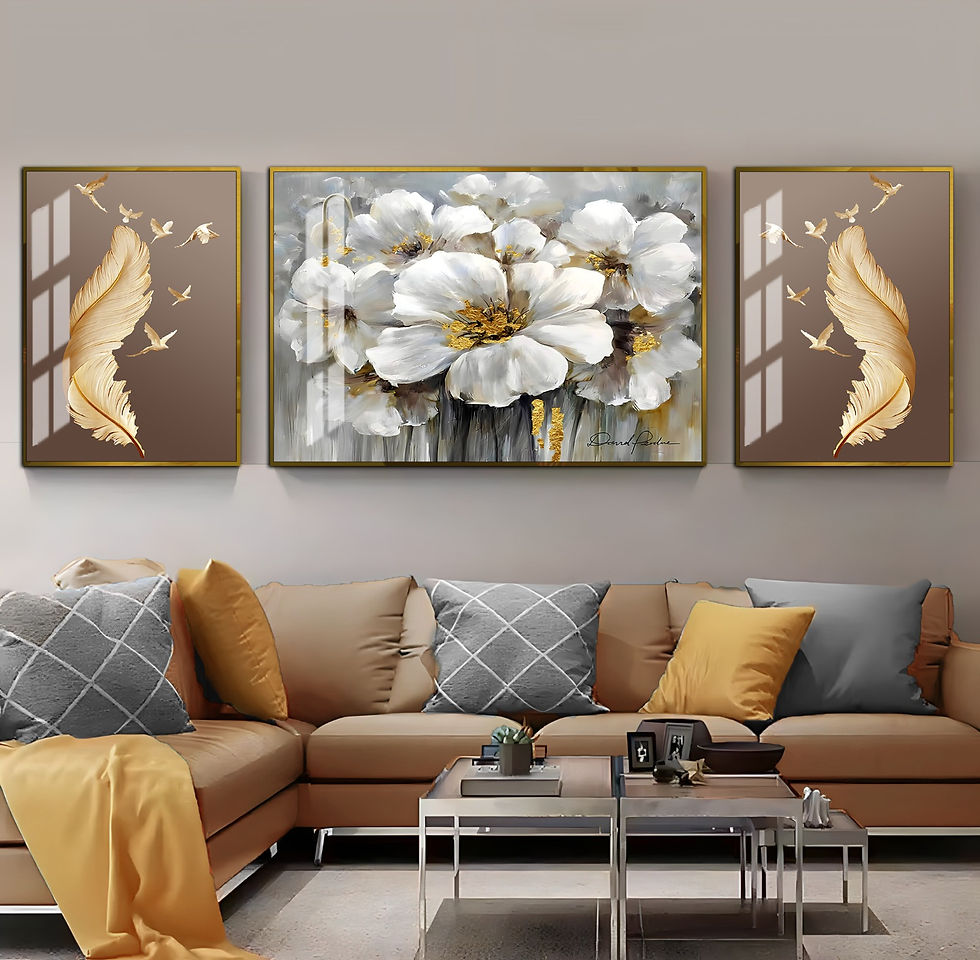 KREM-GOLD-GRİ RENK ÇİÇEK KOMBİNİ | 3LÜ YATAY CAM TABLO