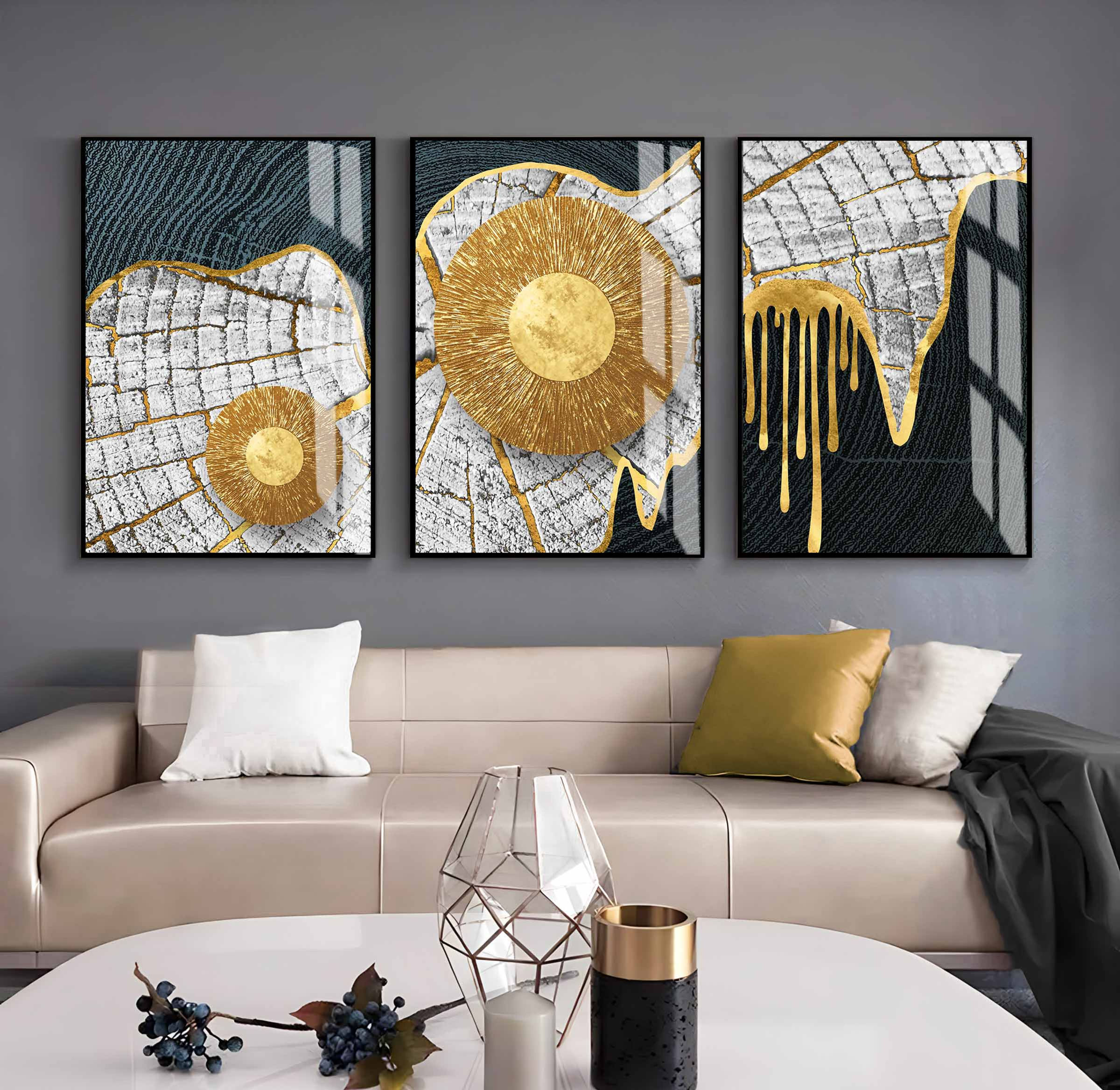 SİYAH-GRİ-GOLD SOYUT ETNİK DESENLİ KOMBİN | 3LÜ DİKEY CAM TABLO