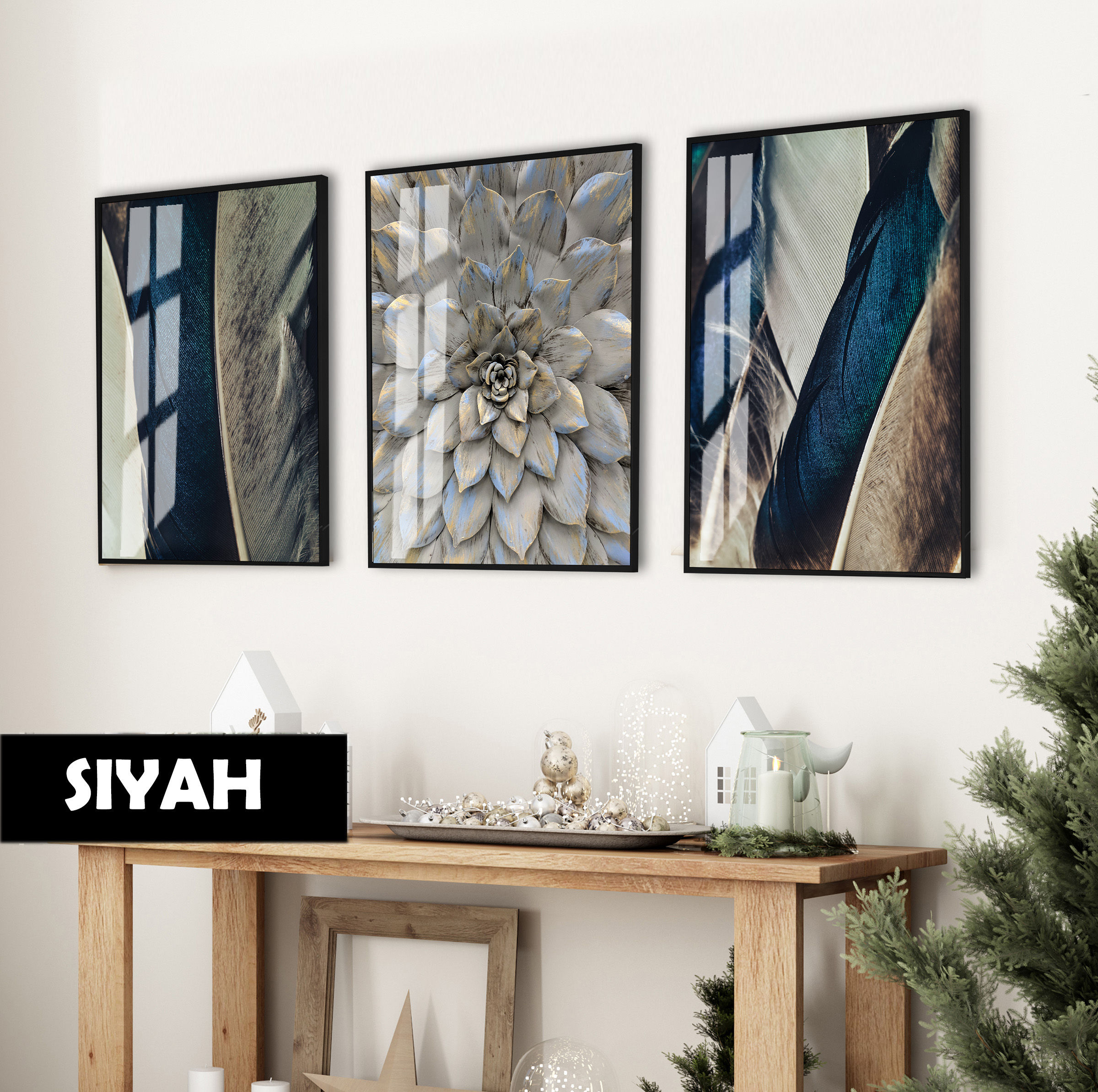 LACİVERT-GÜMÜŞ ÇİÇEKLİ SOYUT KOMBİNİ |ÇERÇEVELİ CAM TABLO 3LÜ DİKEY TABLO